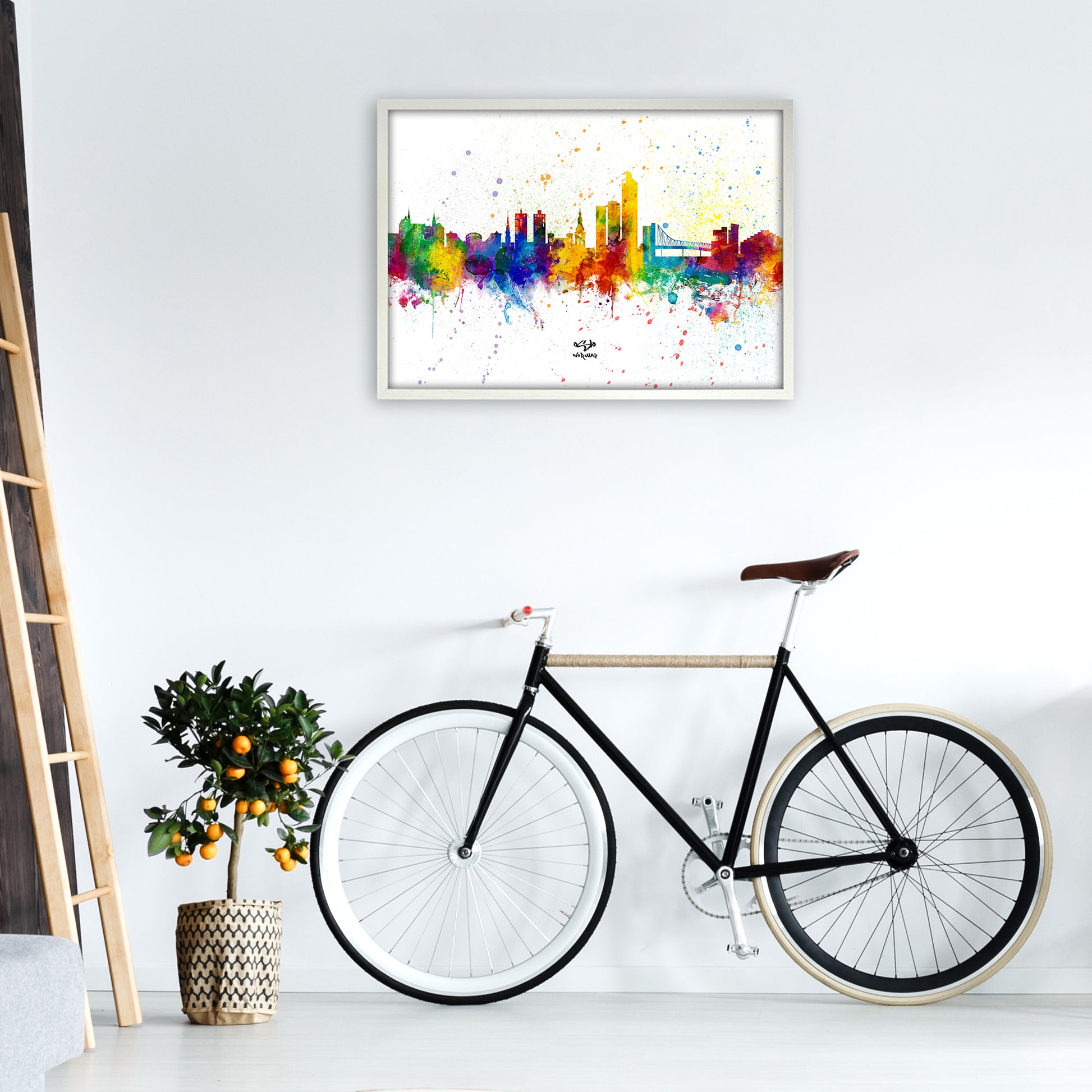 Oslo Norway Skyline Splash Art Print by Michael Tompsett A1 Oak Frame