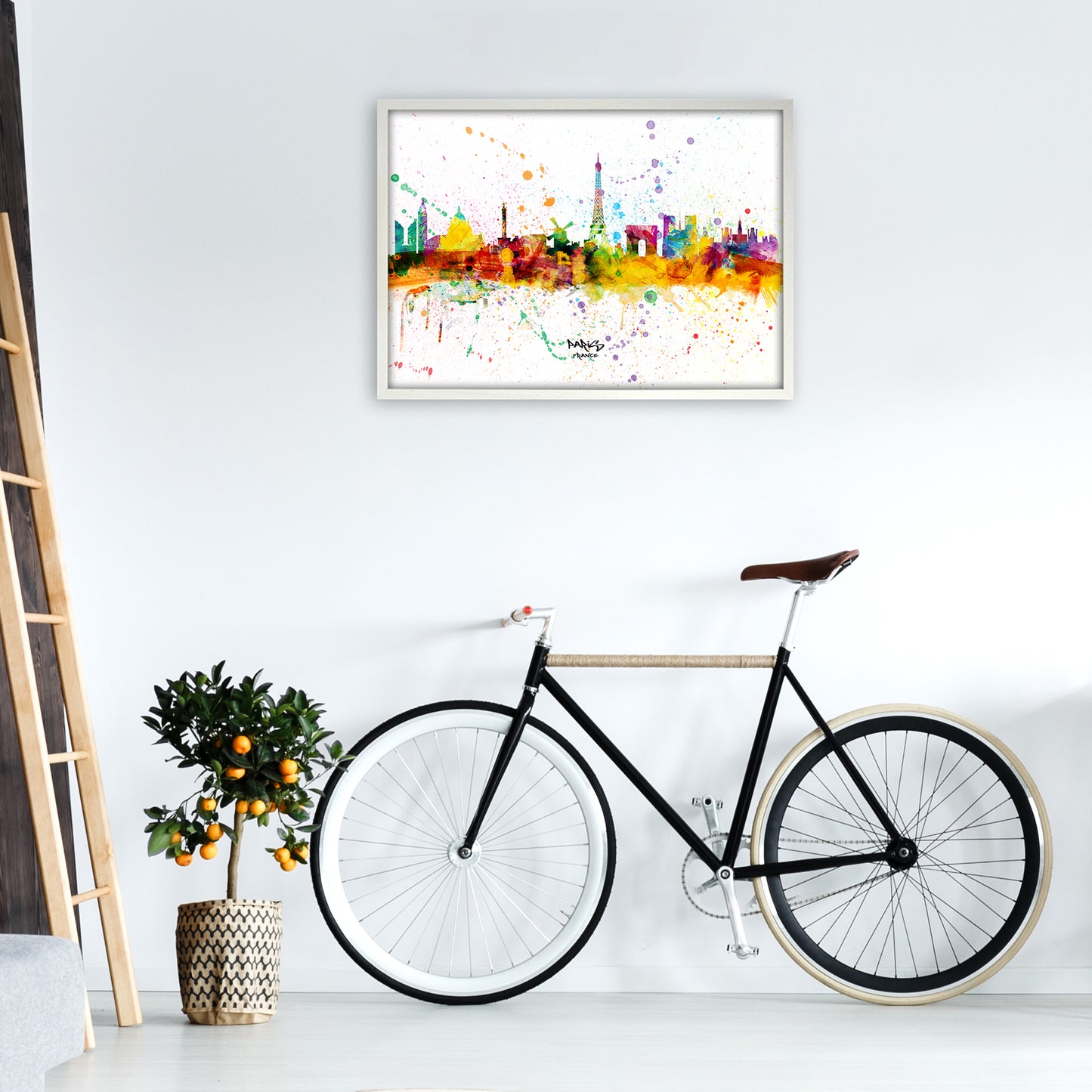 Paris France Skyline Splash Art Print by Michael Tompsett A1 Oak Frame