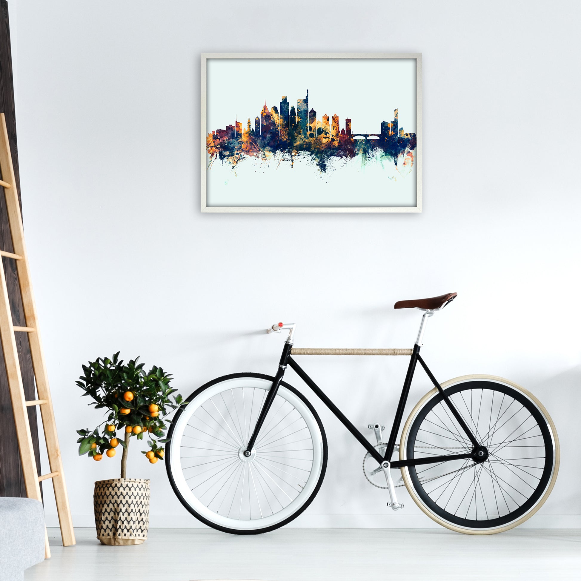 Philadelphia Pennsylvania Skyline Blue Orange Art Print by Michael Tompsett A1 Oak Frame