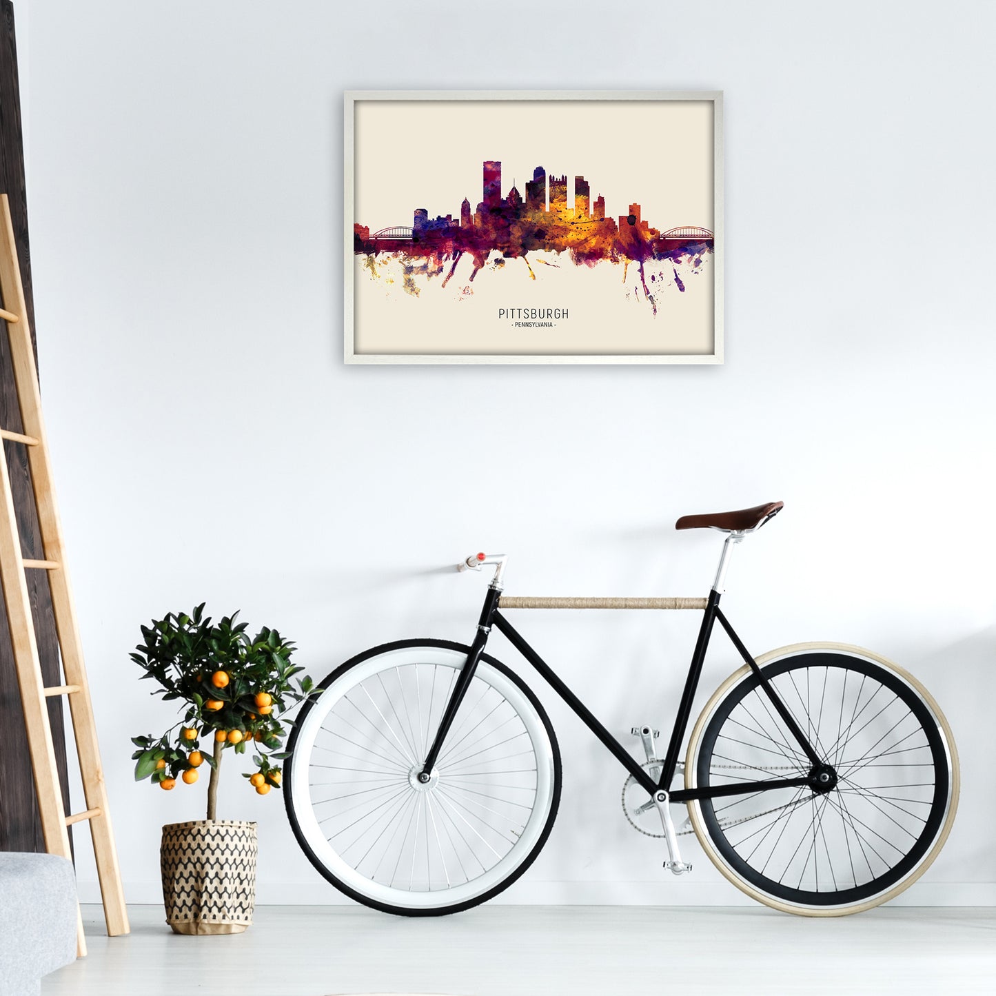 Pittsburgh Pennsylvania Skyline Autumn City Name Art Print by Michael Tompsett A1 Oak Frame