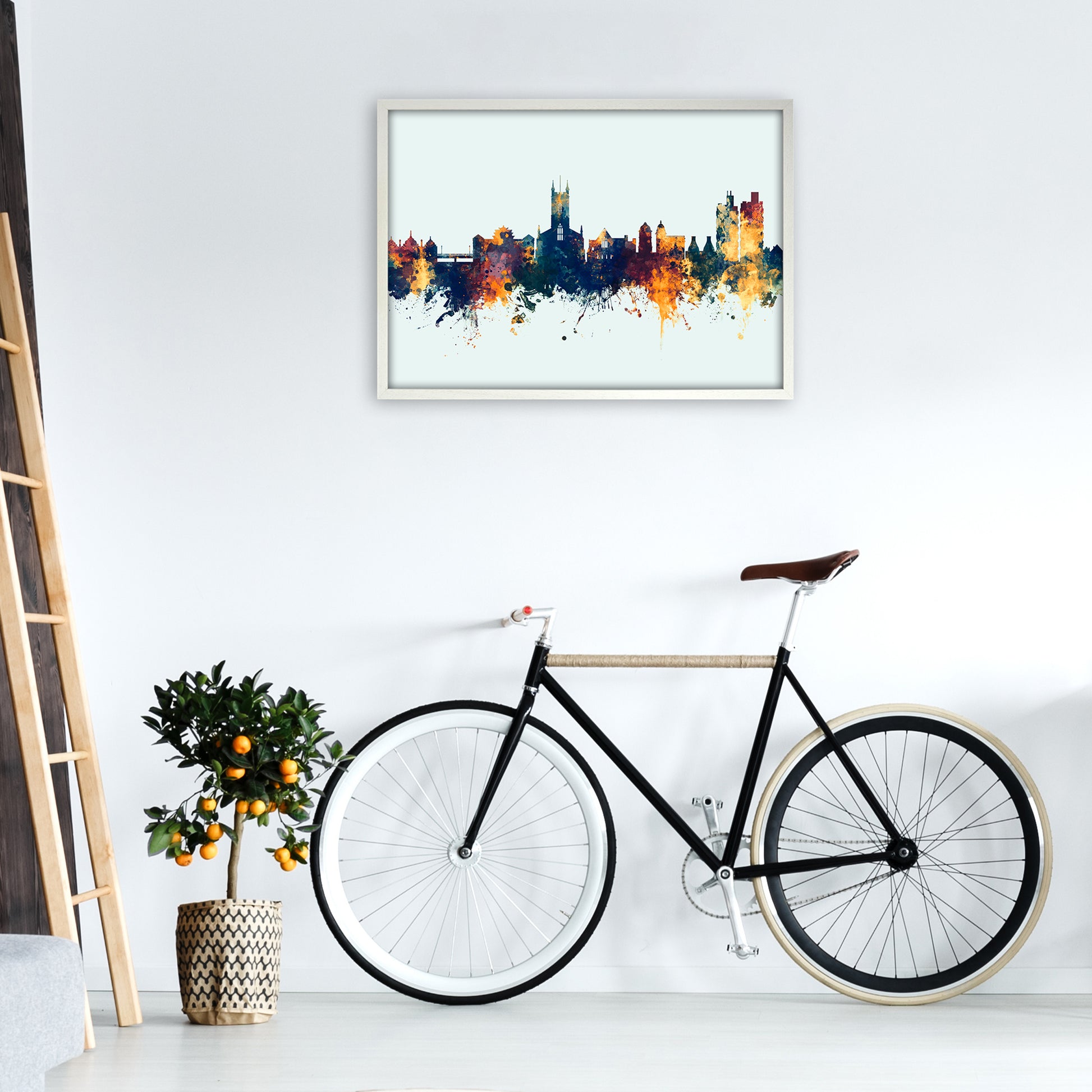 Stoke-On-Trent England Skyline Blue Orange Art Print by Michael Tompsett A1 Oak Frame