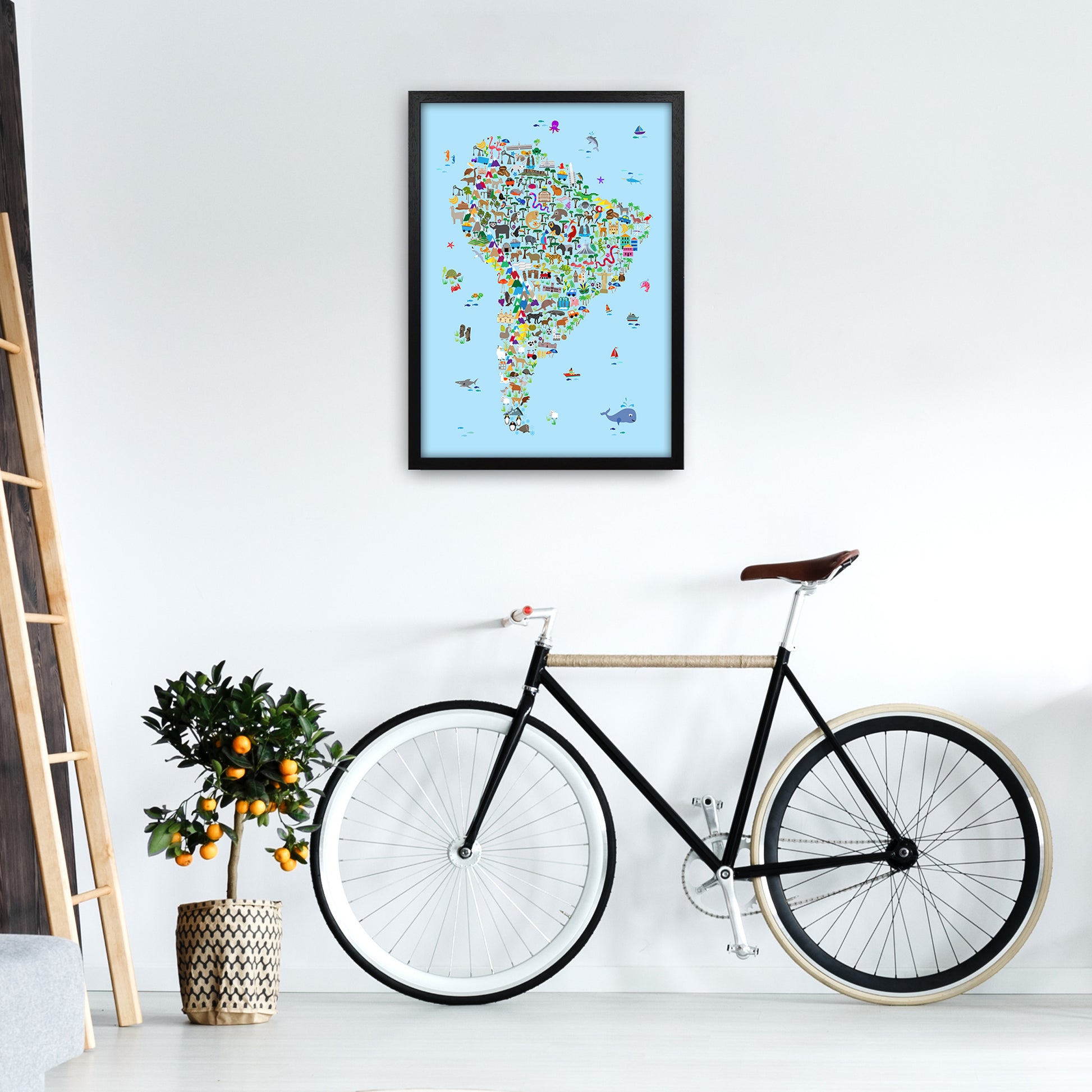 Animal Map of South America Blue Print by Michael Tompsett A2 White Frame