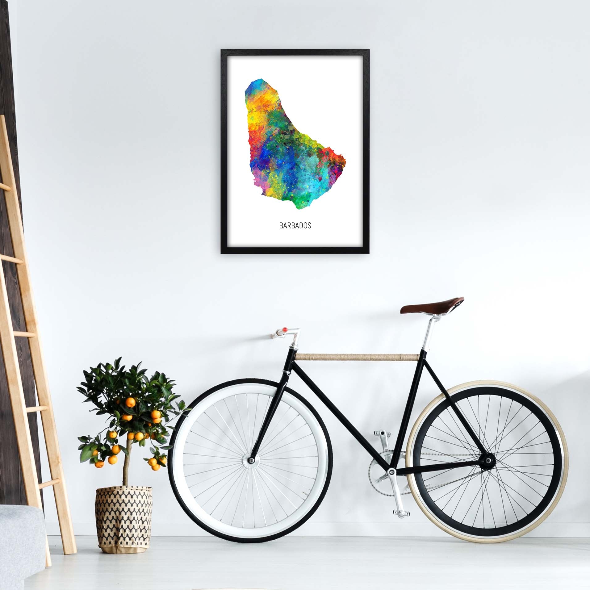 Barbados Watercolour Map Art Print by Michael Tompsett A2 White Frame