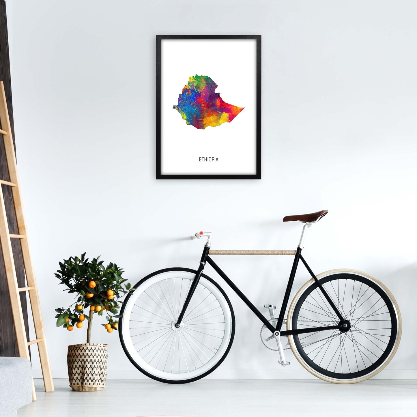 Ethiopia Watercolour Map Art Print by Michael Tompsett A2 White Frame