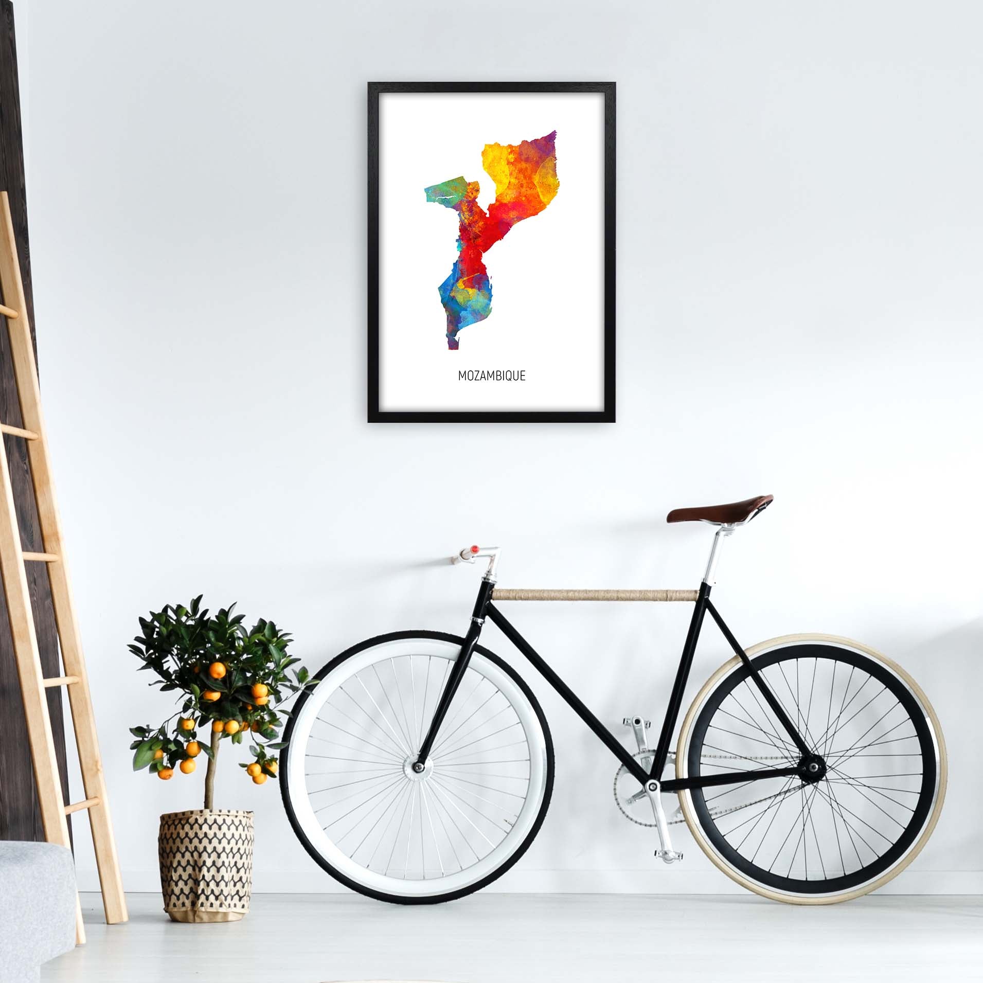 Mozambique Watercolour Map Art Print by Michael Tompsett A2 White Frame