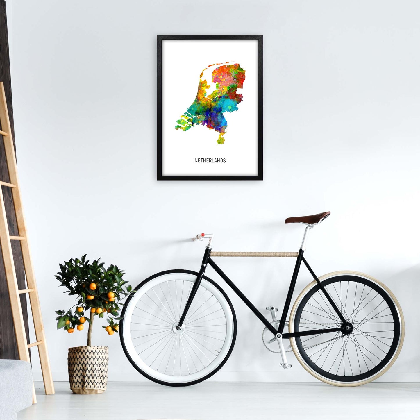 Netherlands Watercolour Map Art Print by Michael Tompsett A2 White Frame