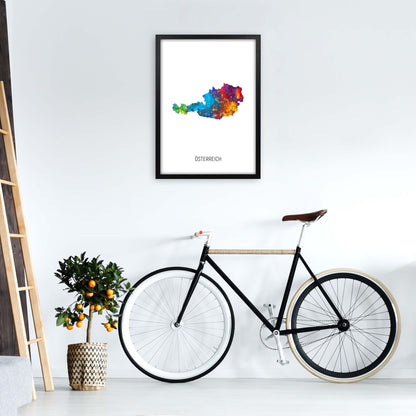 Osterreich Watercolour Map Art Print by Michael Tompsett A2 White Frame