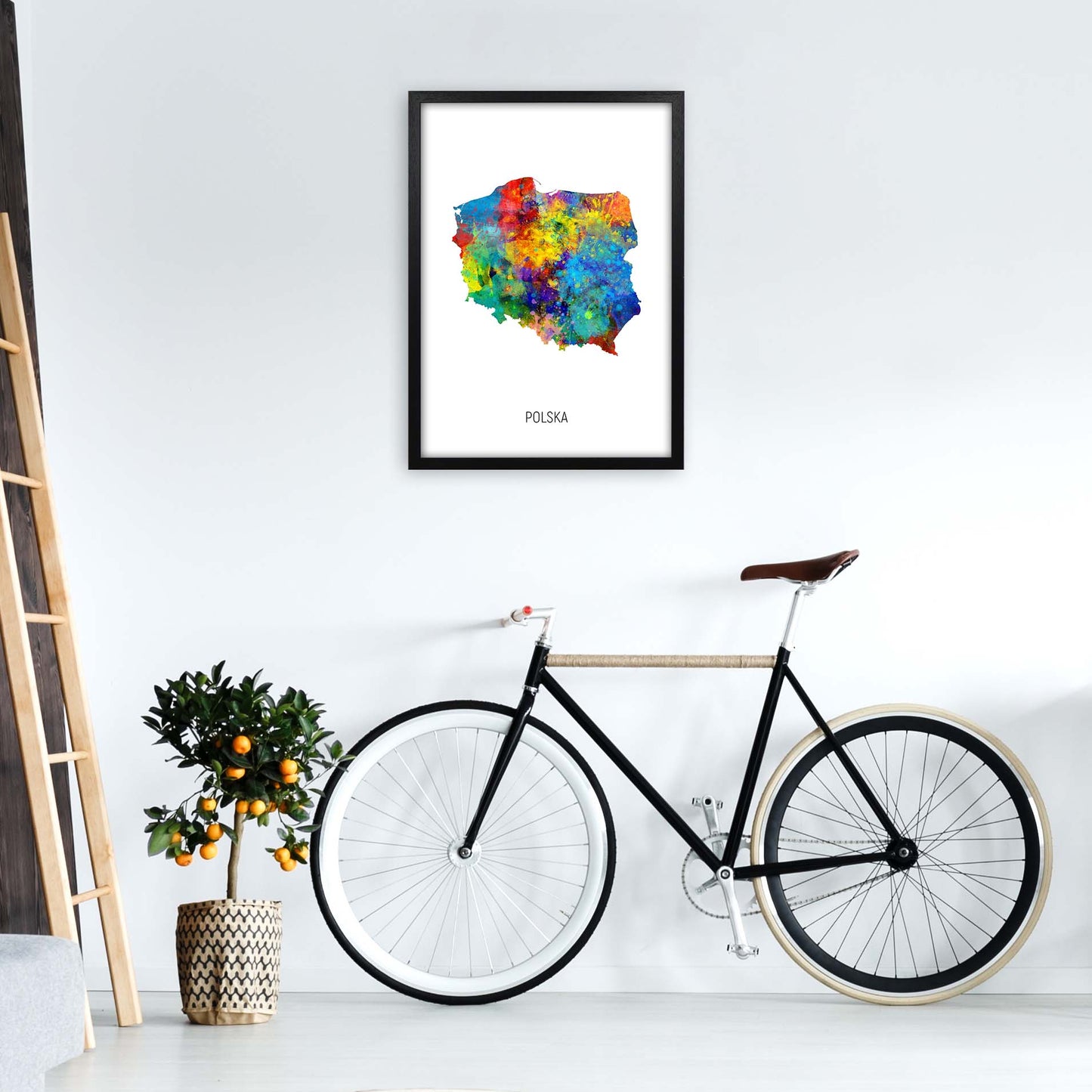Polska Watercolour Map Art Print by Michael Tompsett A2 White Frame