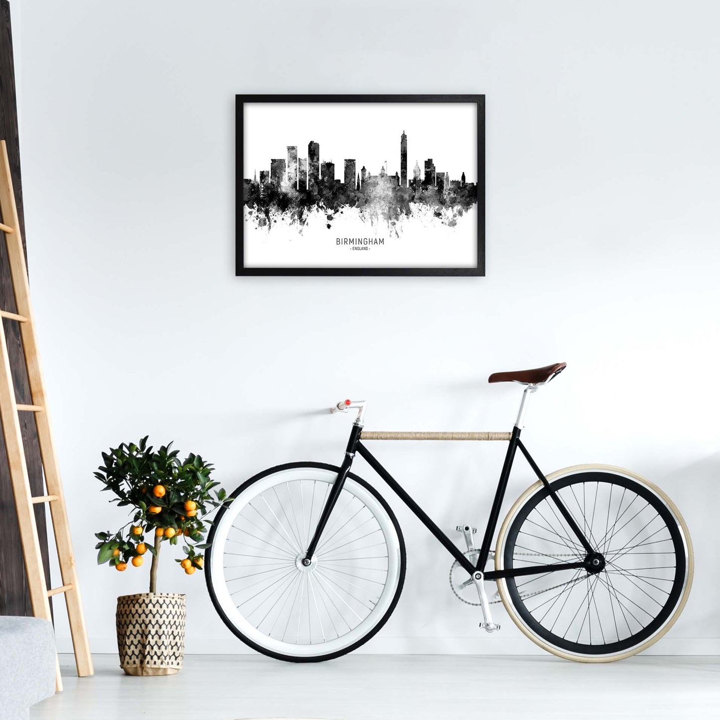Birmingham England Skyline Black White City Name  by Michael Tompsett A2 White Frame
