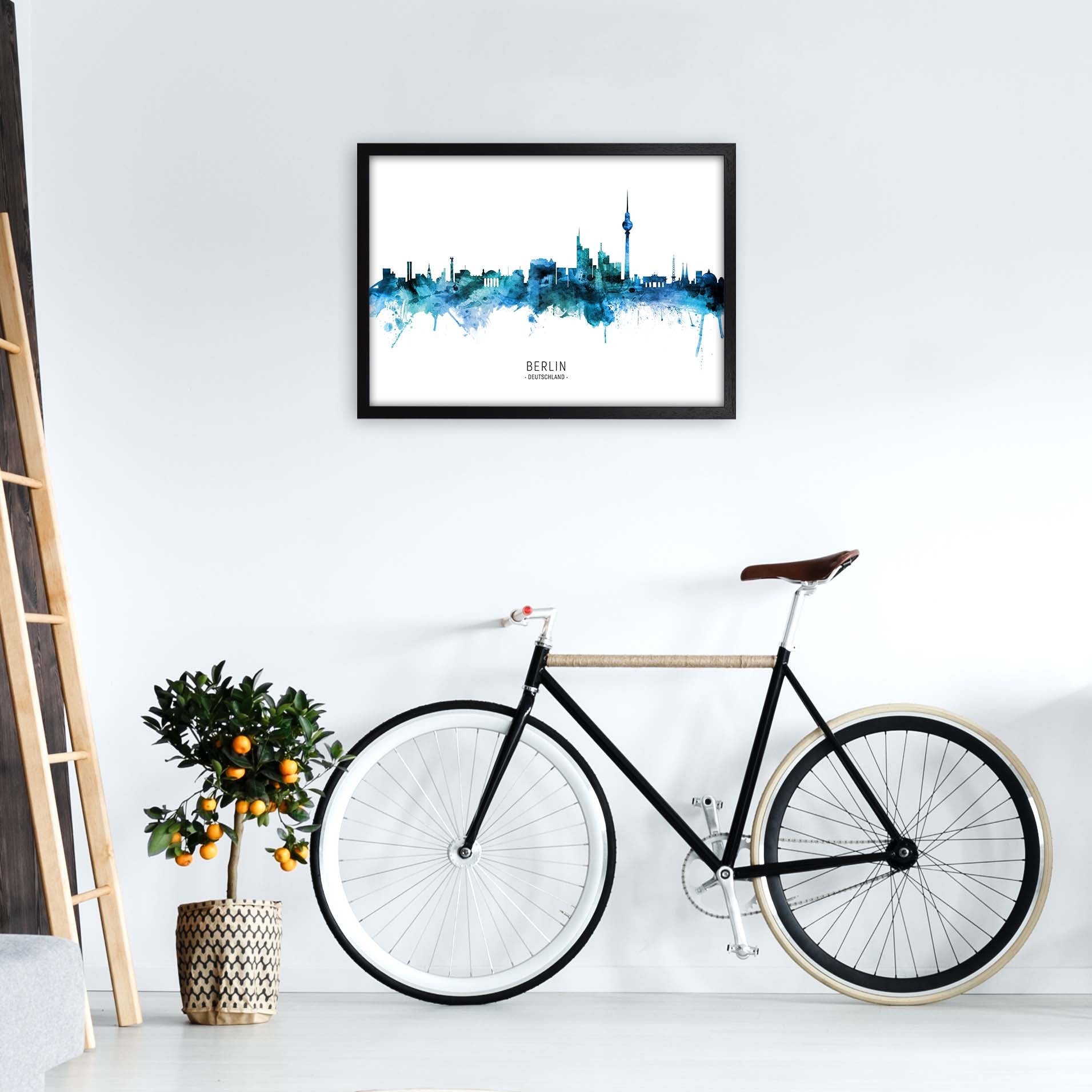 Berlin Deutschland Skyline Blue City Name  by Michael Tompsett A2 White Frame