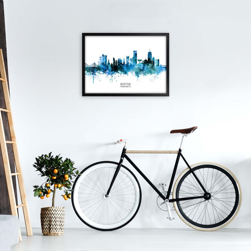 Boston Massachusetts Skyline Blue City Name  by Michael Tompsett A2 White Frame