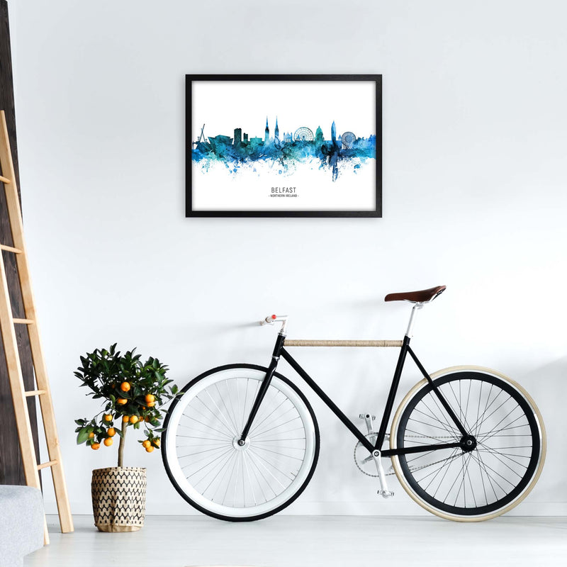 Belfast Northern Ireland Skyline Blue City Name  by Michael Tompsett A2 White Frame