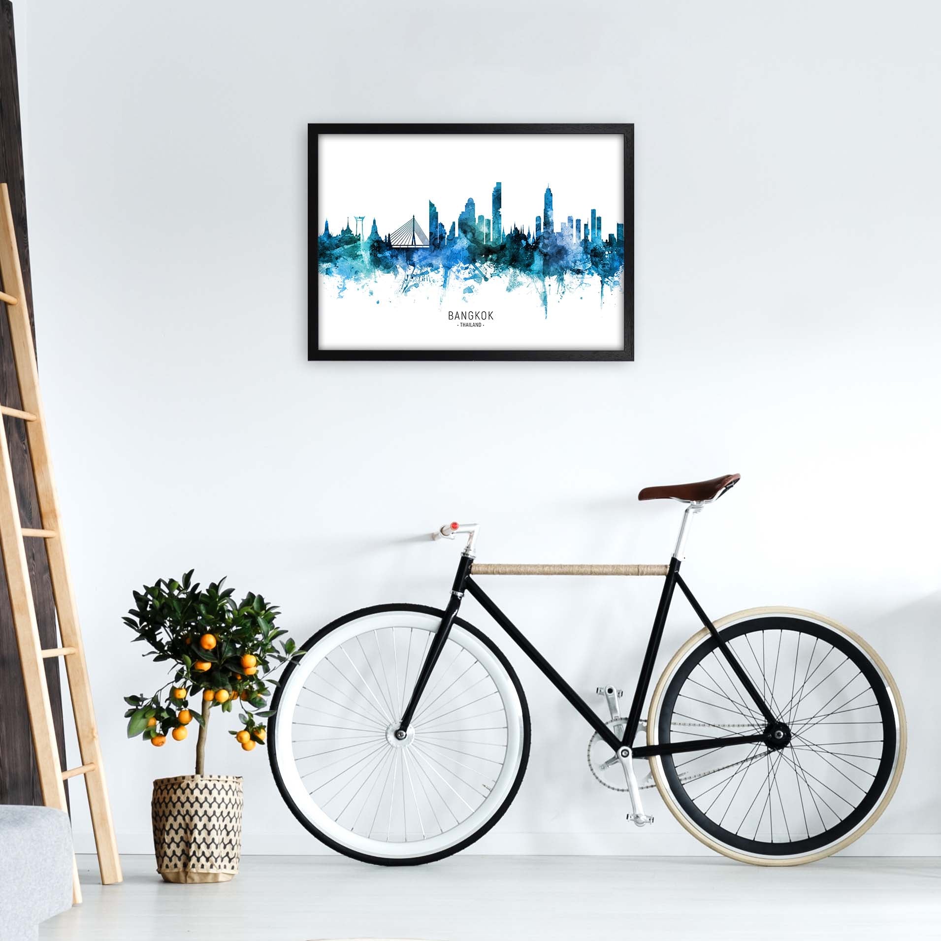 Bangkok Thailand Skyline Blue City Name  by Michael Tompsett A2 White Frame