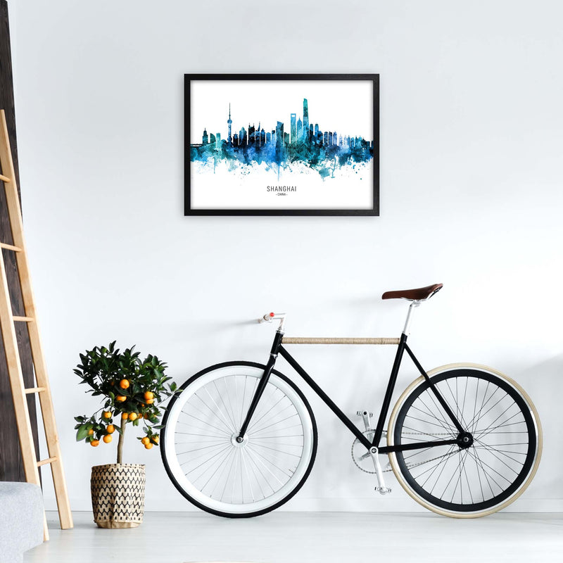 Shanghai China Skyline Blue City Name  by Michael Tompsett A2 White Frame