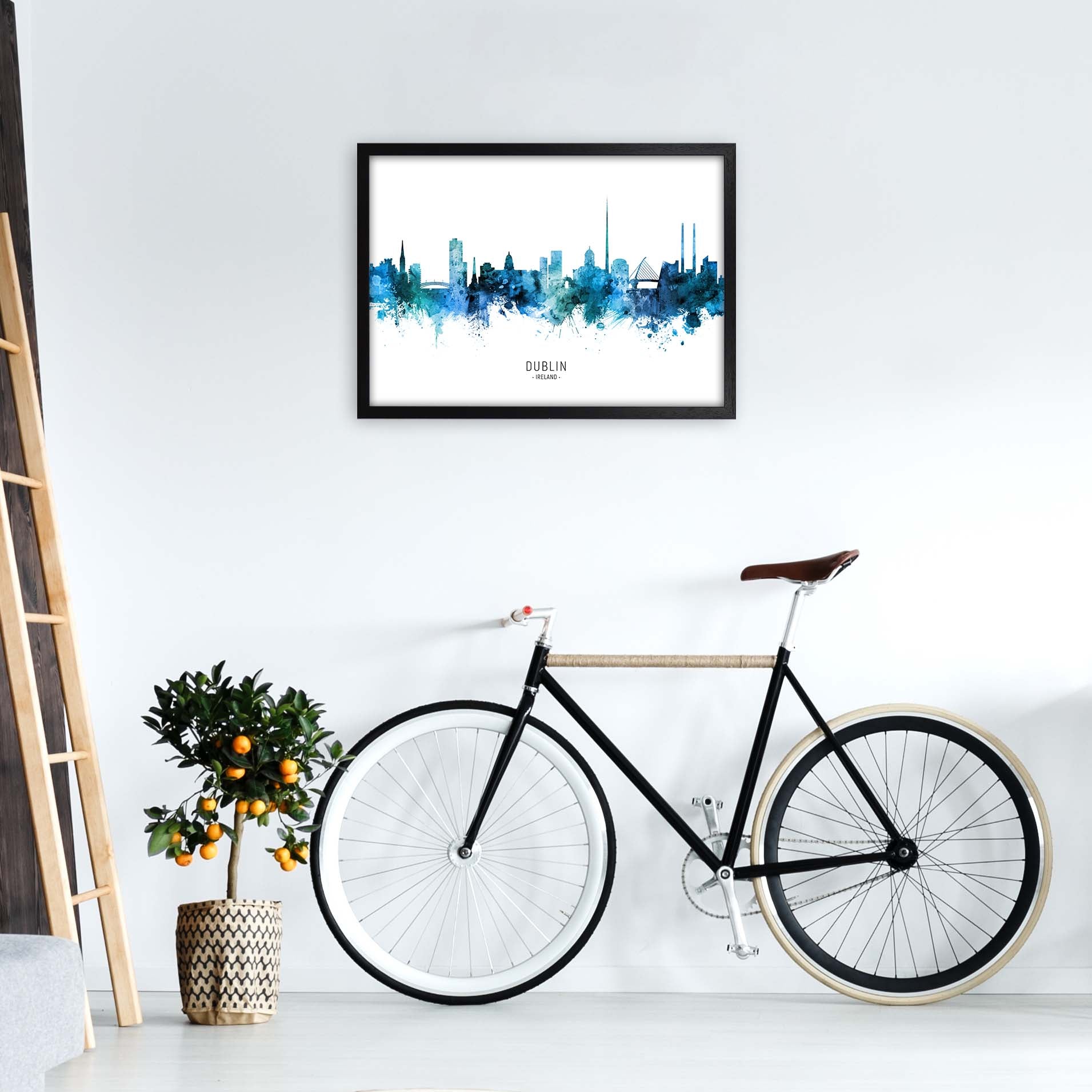 Dublin Ireland Skyline Blue City Name  by Michael Tompsett A2 White Frame