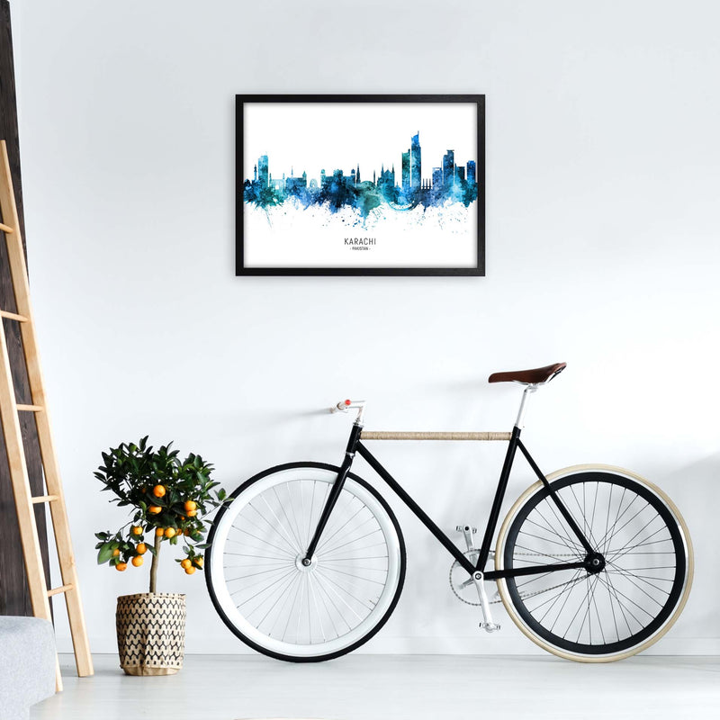 Karachi Pakistan Skyline Blue City Name  by Michael Tompsett A2 White Frame