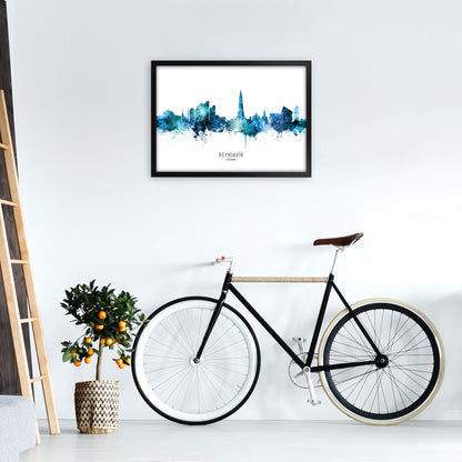 Reykjavik Iceland Skyline Blue City Name  by Michael Tompsett A2 White Frame