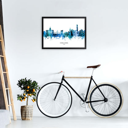 Hong Kong China Skyline Blue City Name  by Michael Tompsett A2 White Frame