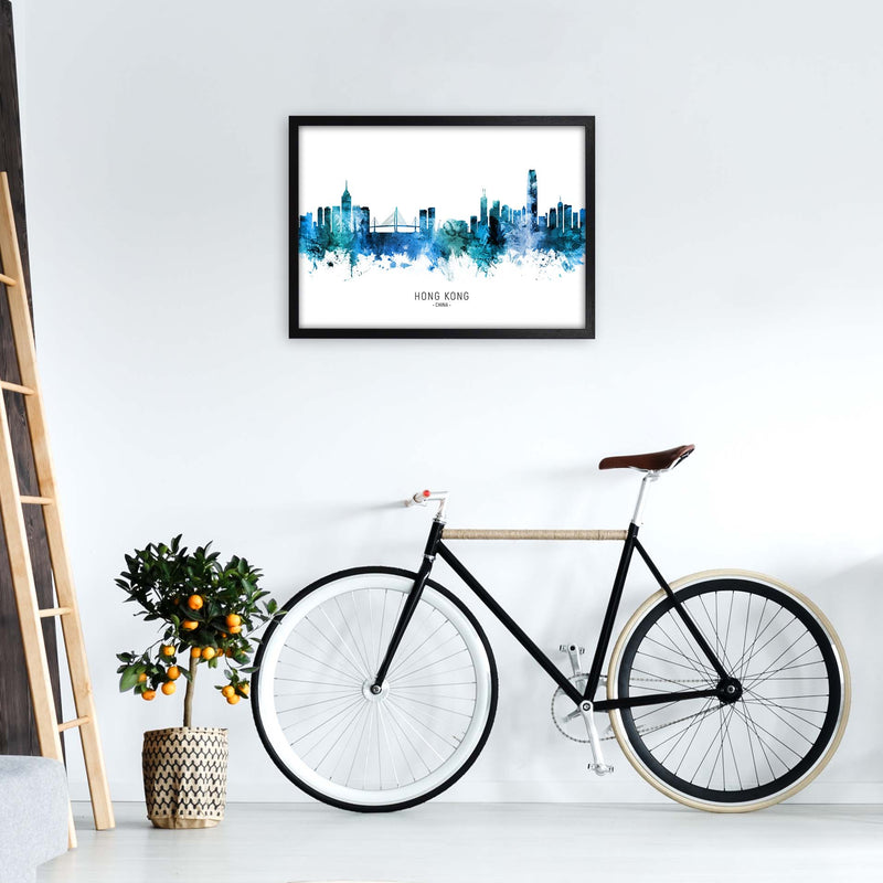 Hong Kong China Skyline Blue City Name  by Michael Tompsett A2 White Frame