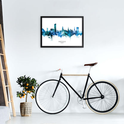 Sheffield England Skyline Blue City Name  by Michael Tompsett A2 White Frame