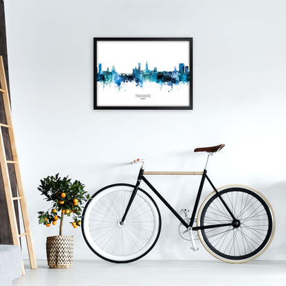 Toulouse France Skyline Blue City Name  by Michael Tompsett A2 White Frame