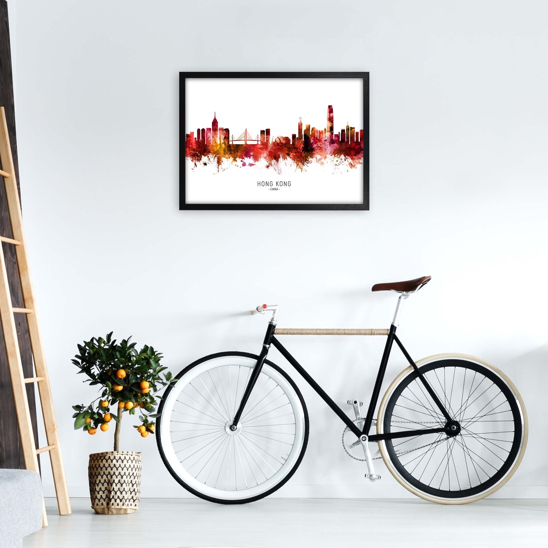 Hong Kong China Skyline Red City Name  by Michael Tompsett A2 White Frame