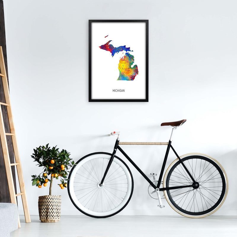 Michigan Watercolour Map Art Print by Michael Tompsett A2 White Frame
