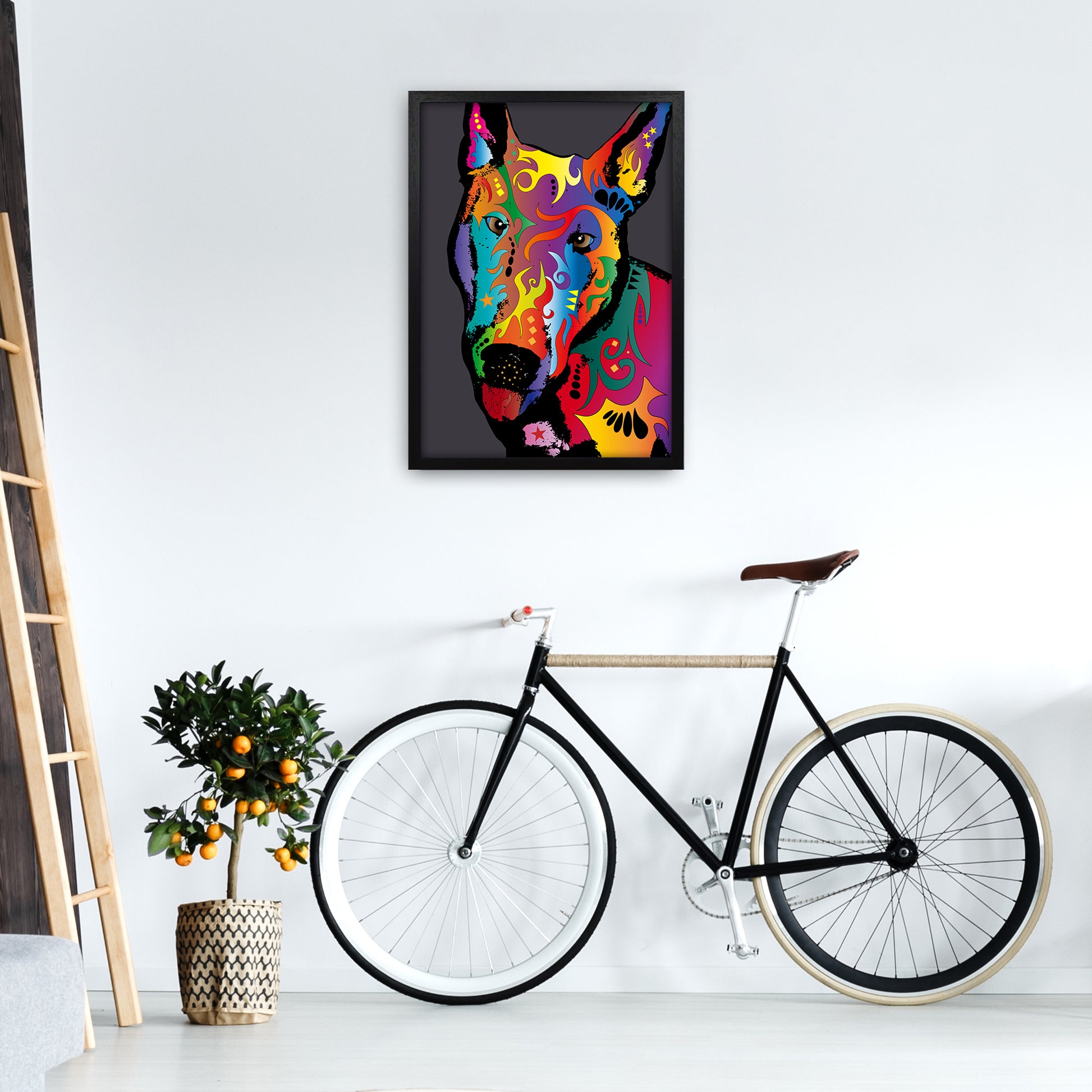English Bull Terrier Dog Art Print by Michael Tompsett A2 White Frame