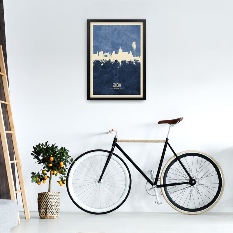 Geneva Switzerland Skyline Portrait Navy Art Print by Michael Tompsett A2 White Frame