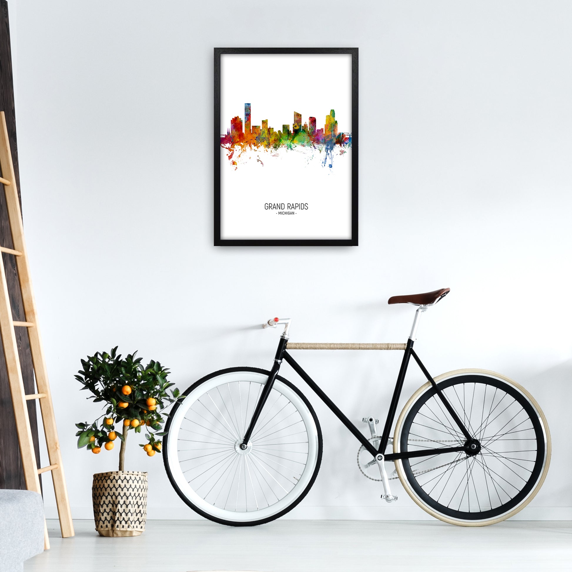 Grand Rapids Michigan Skyline Portrait Art Print by Michael Tompsett A2 White Frame