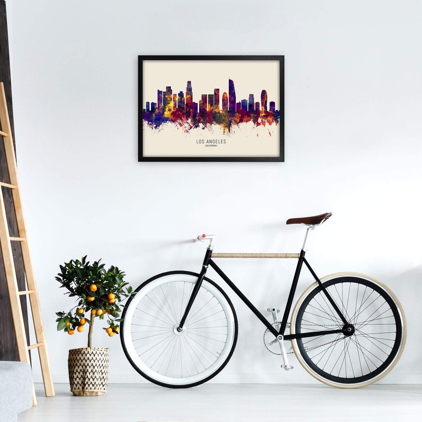 Los Angeles California Skyline Autumn City Name Art Print by Michael Tompsett A2 White Frame
