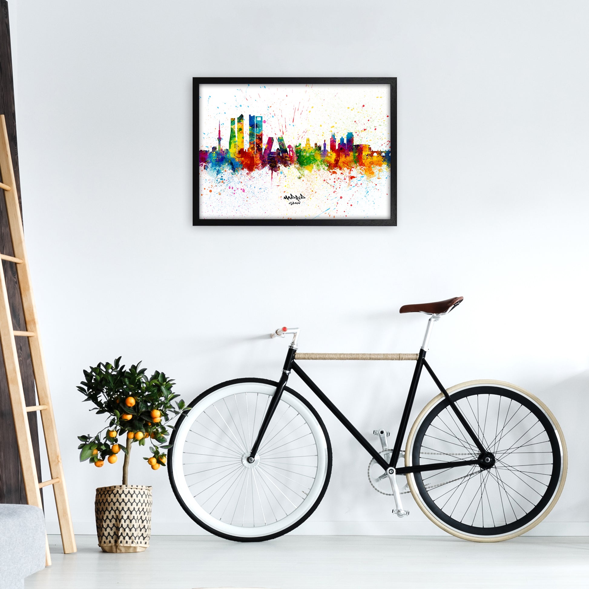 Madrid Spain Skyline Splash Art Print by Michael Tompsett A2 White Frame