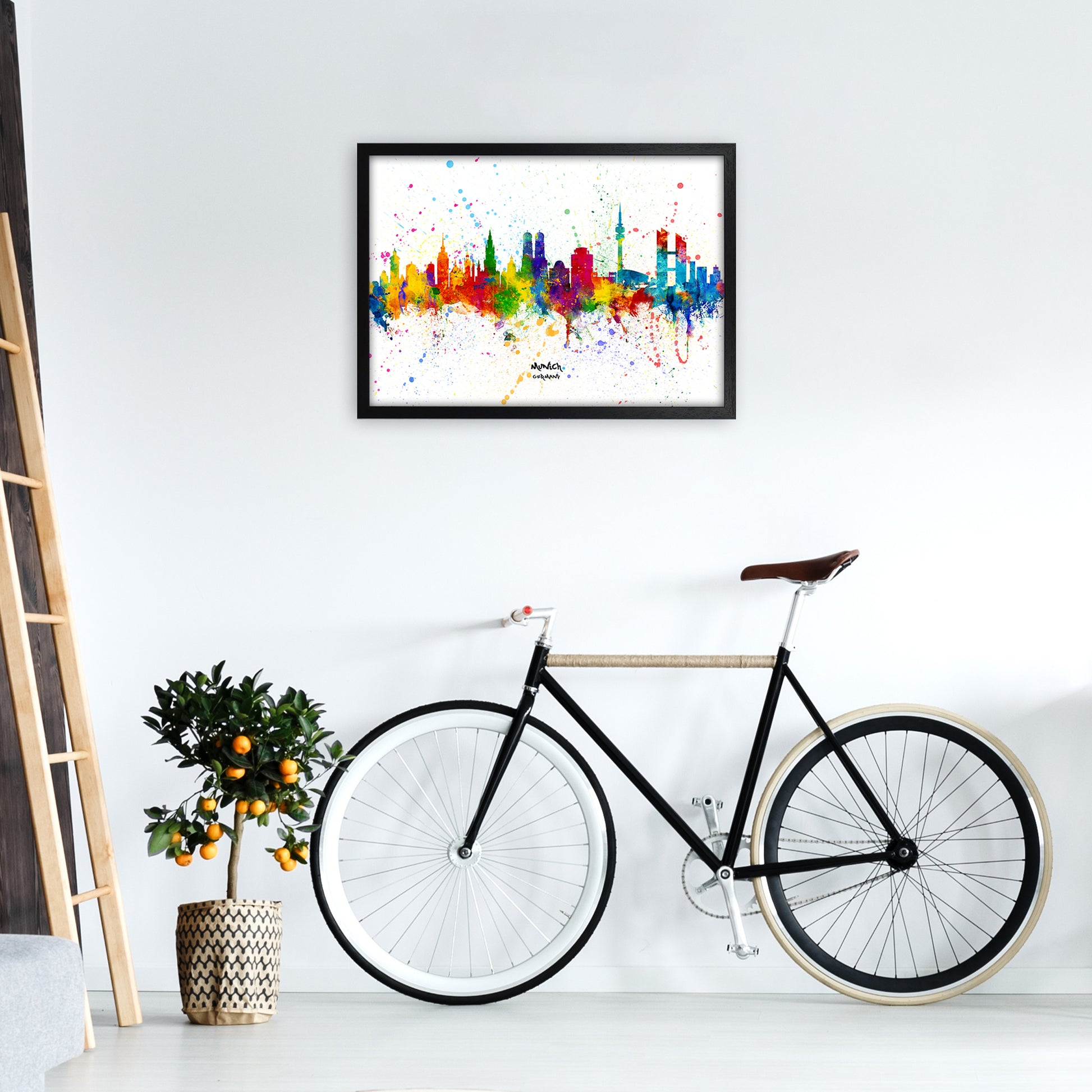 Munich Germany Skyline Splash Art Print by Michael Tompsett A2 White Frame