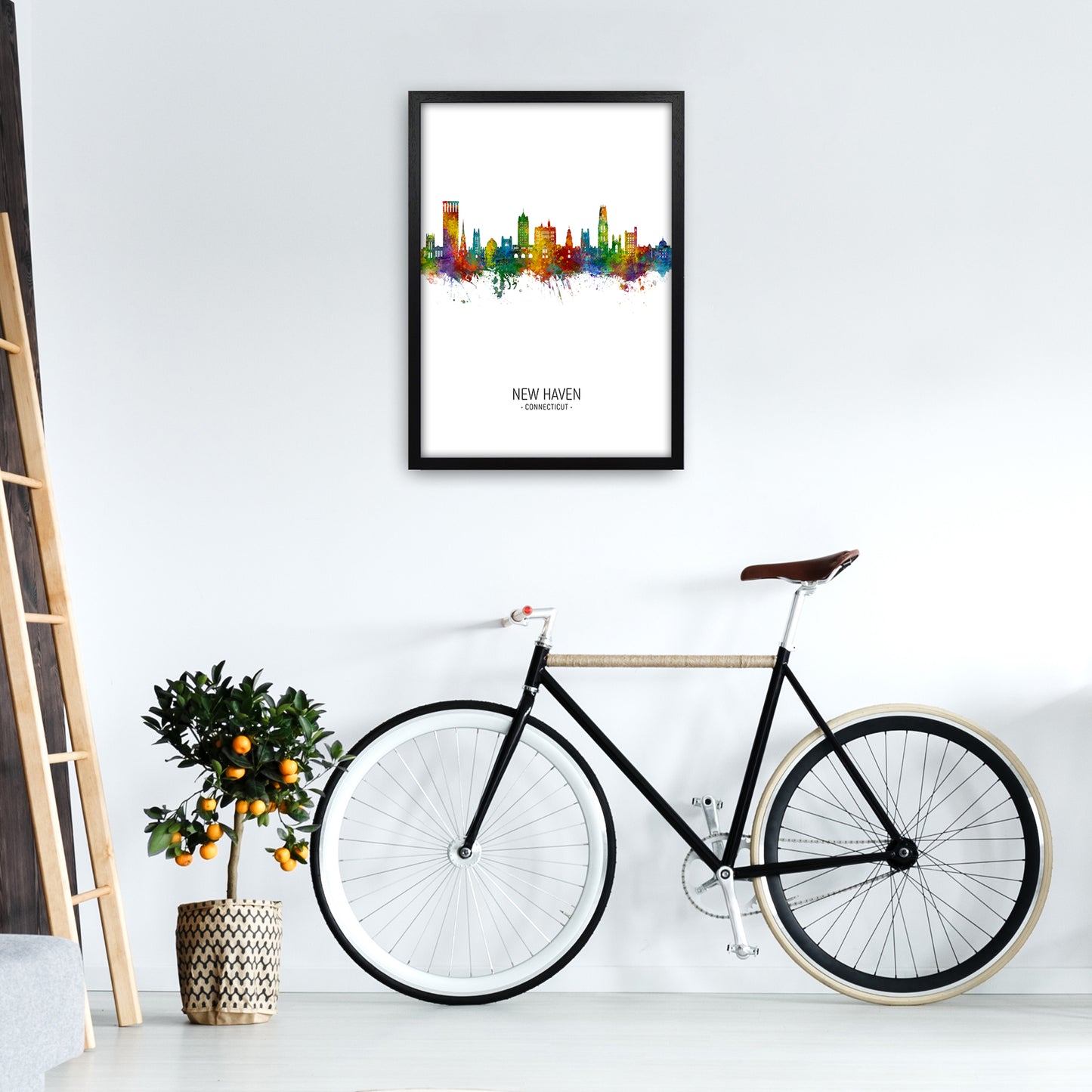 New Haven Connecticut Skyline Portrait Art Print by Michael Tompsett A2 White Frame