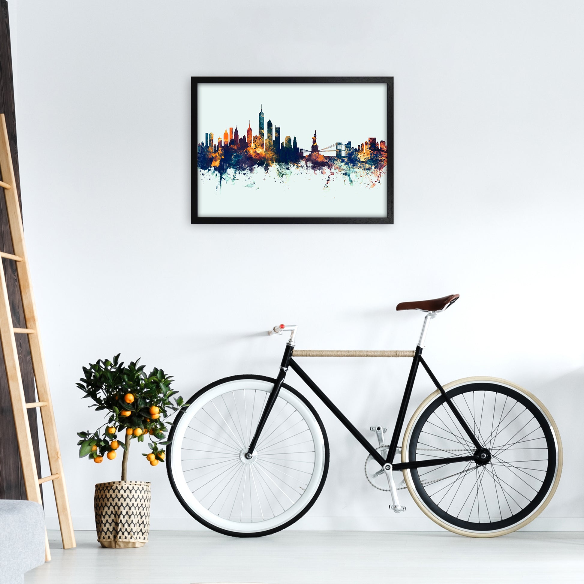 New York New York Skyline Blue Orange Art Print by Michael Tompsett A2 White Frame