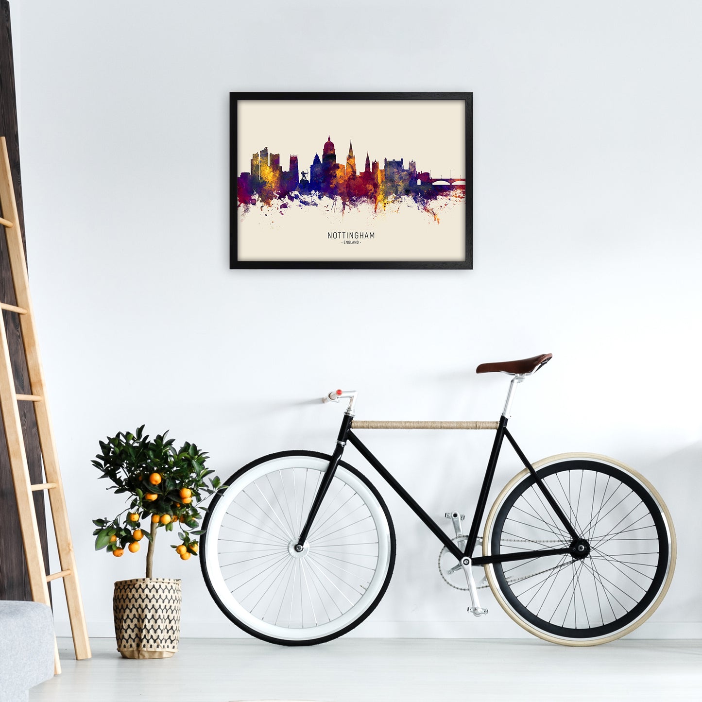 Nottingham England Skyline Autumn City Name Art Print by Michael Tompsett A2 White Frame