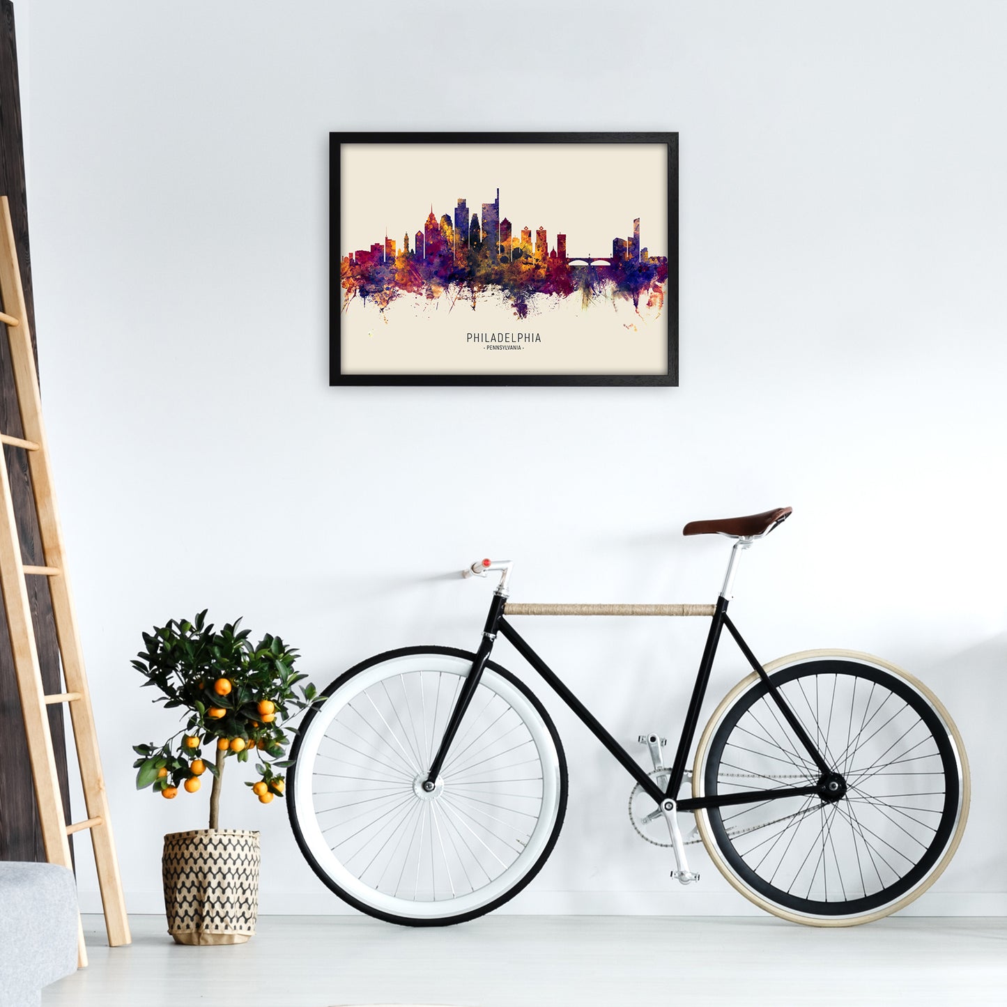 Philadelphia Pennsylvania Skyline Autumn City Name Art Print by Michael Tompsett A2 White Frame