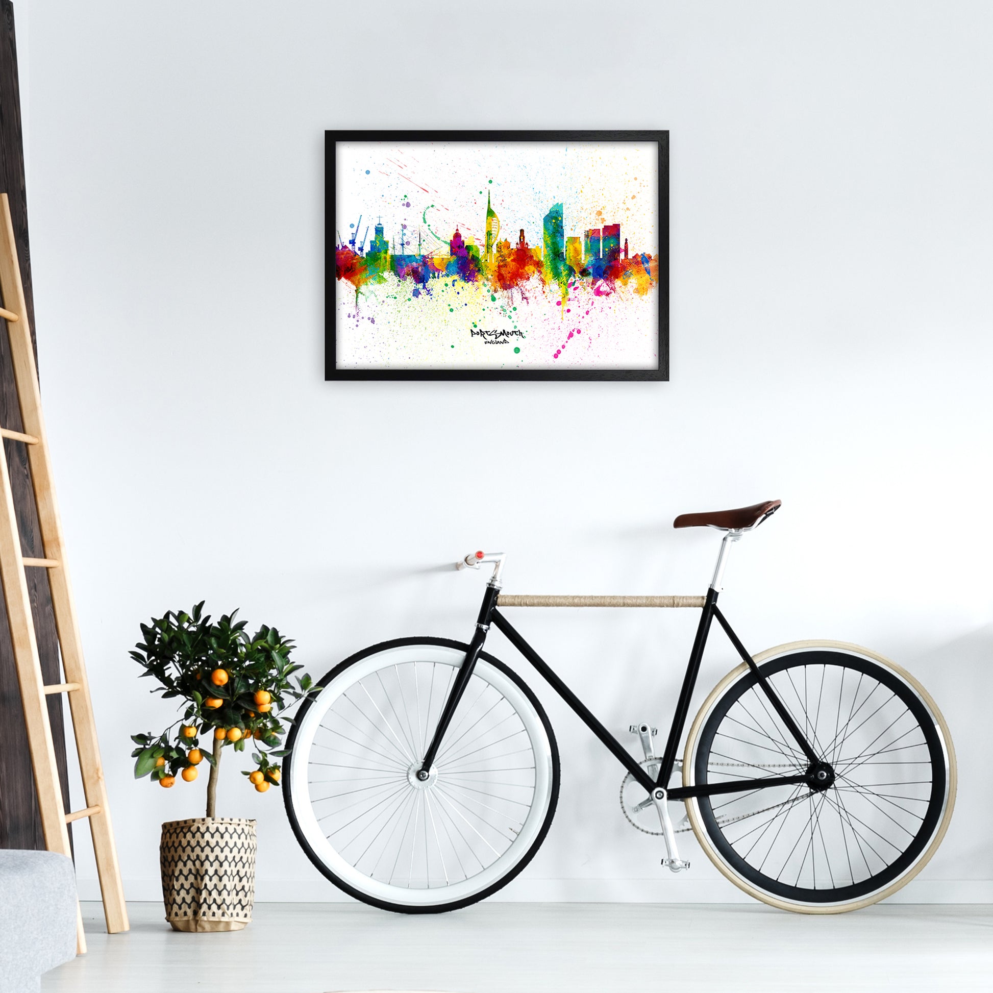 Portsmouth England Skyline Splash Art Print by Michael Tompsett A2 White Frame