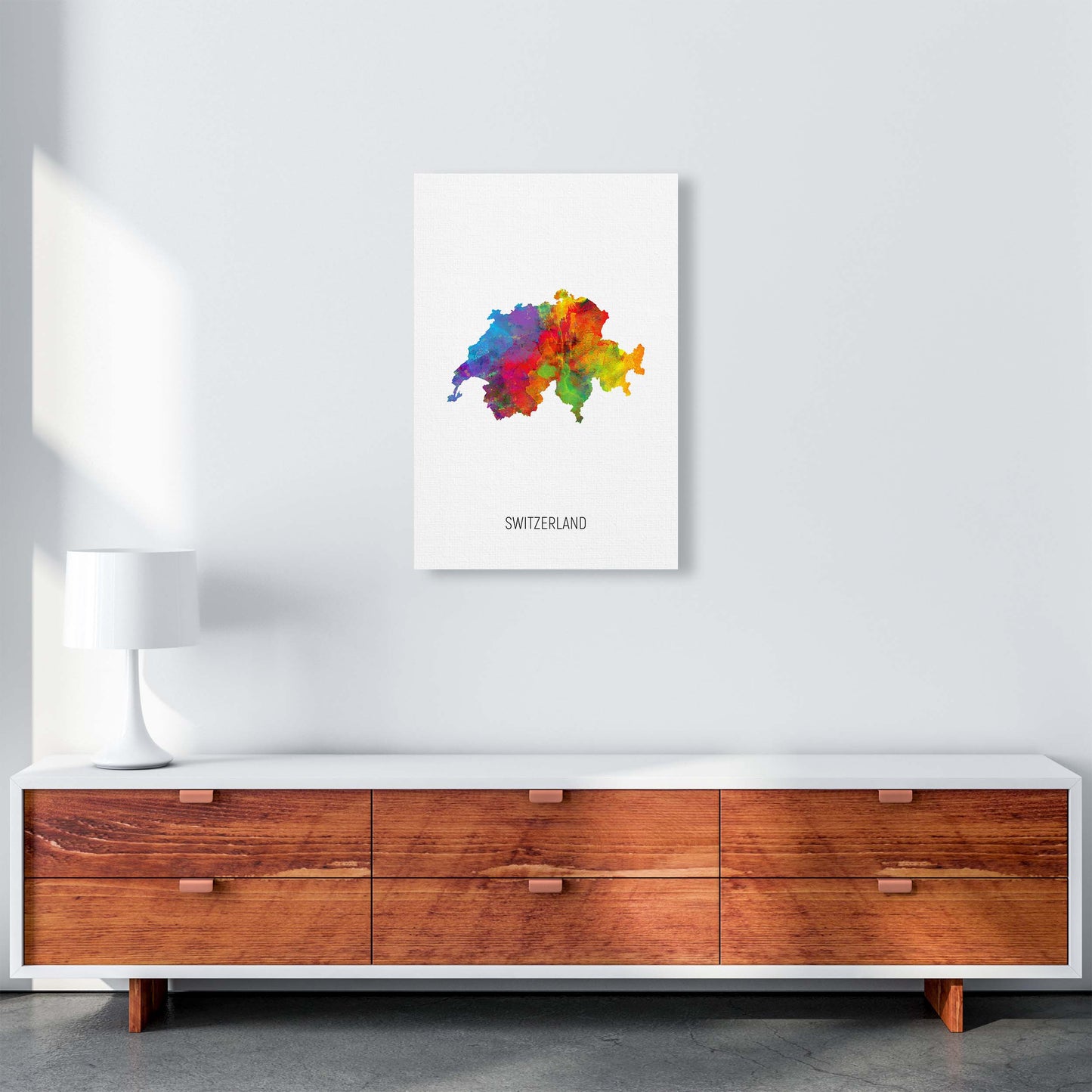 Switzerland Watercolour Map Art Print by Michael Tompsett A2 Canvas