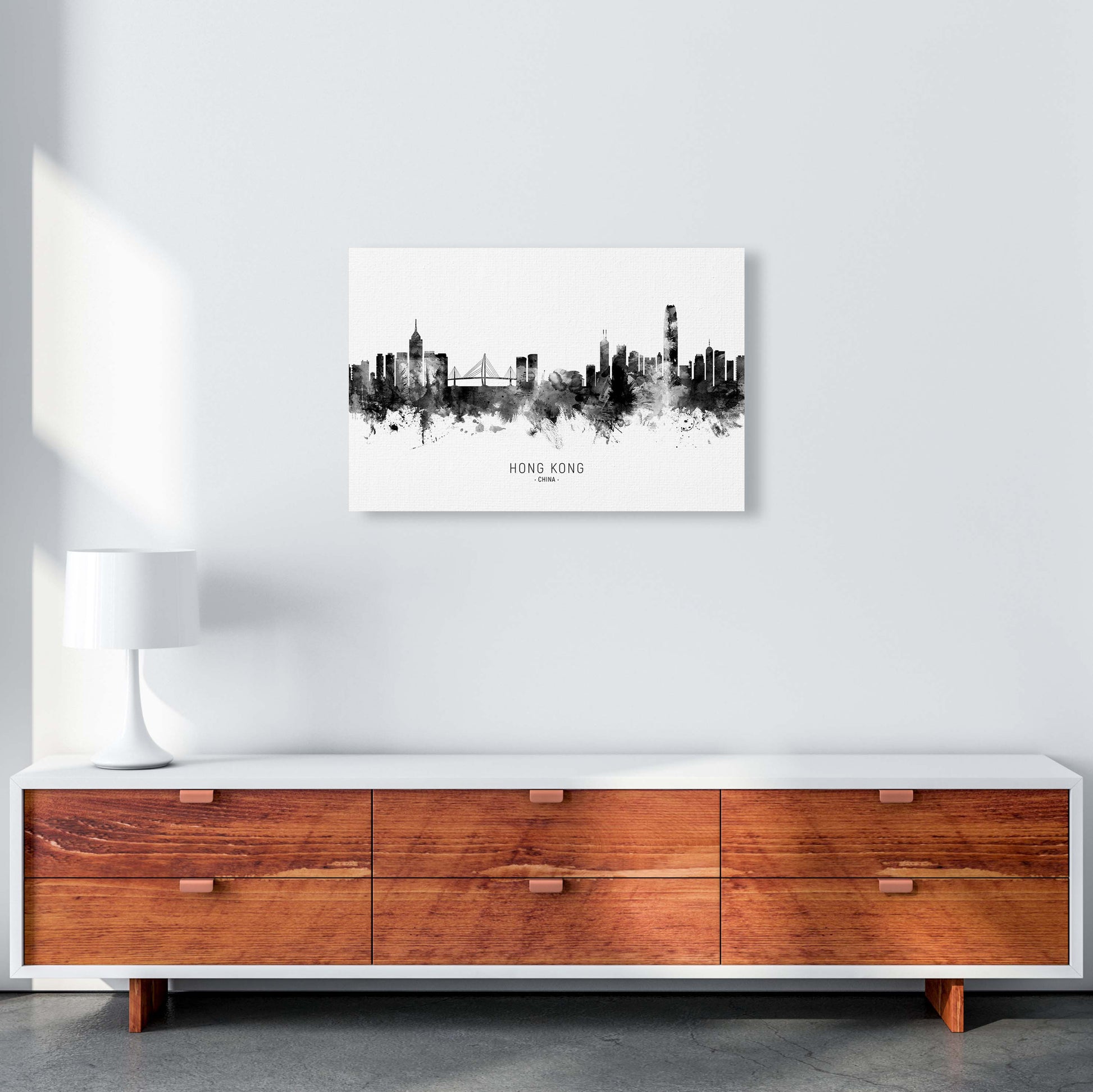 Hong Kong China Skyline Black White City Name  by Michael Tompsett A2 Canvas