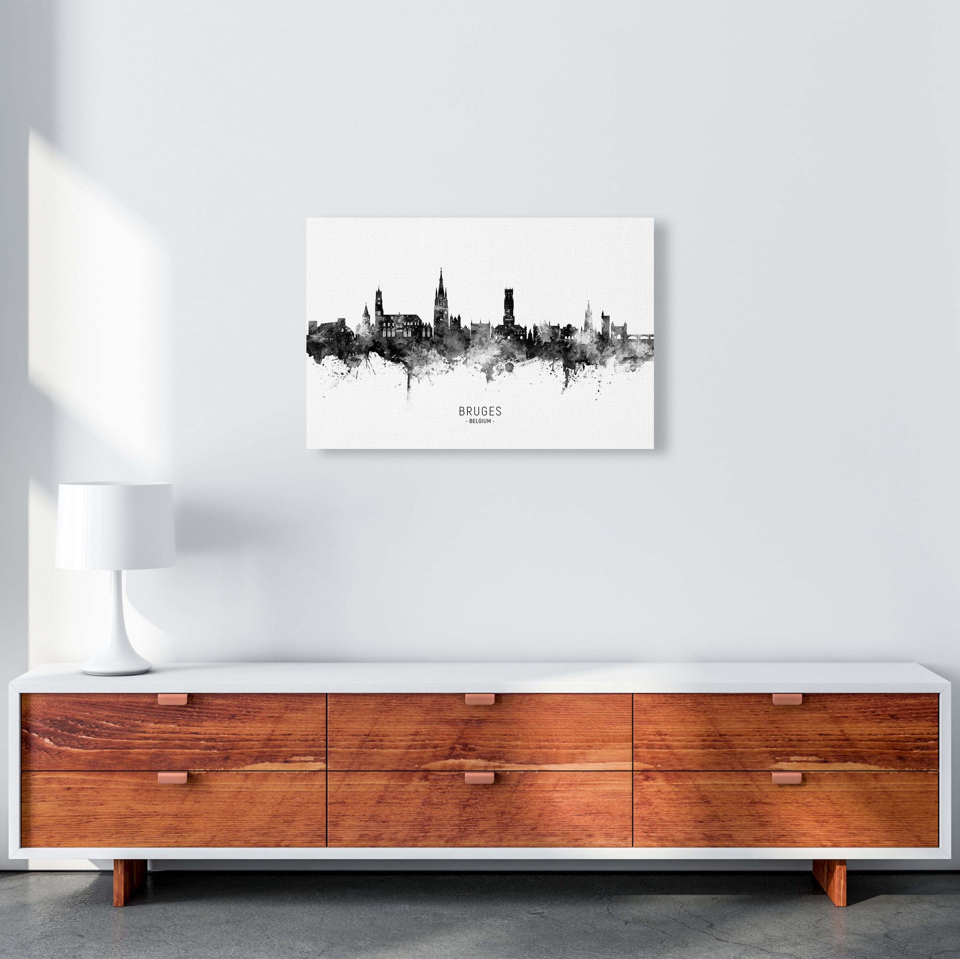 Bruges Belgium Skyline Black White City Name  by Michael Tompsett A2 Canvas