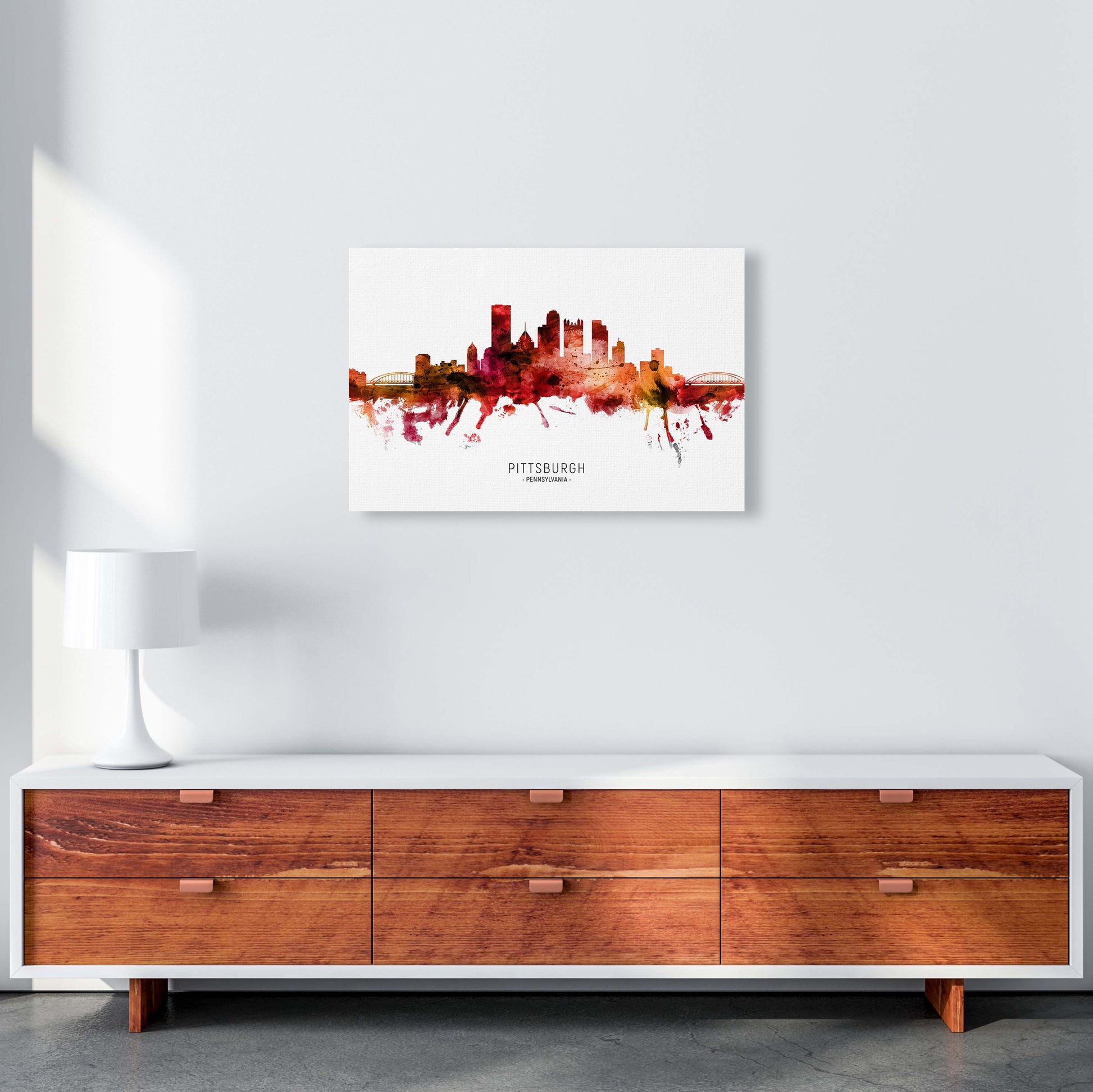 Pittsburgh Pennsylvania Skyline Red City Name  by Michael Tompsett A2 Canvas
