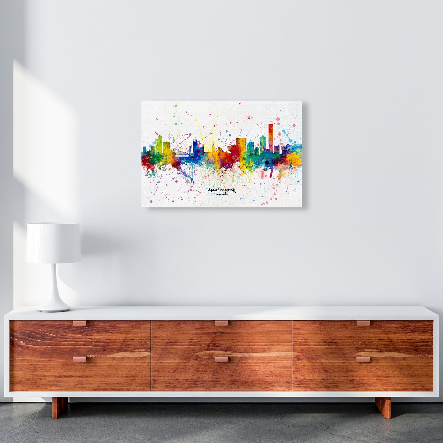 Manchester England Skyline Splash Art Print by Michael Tompsett A2 Canvas