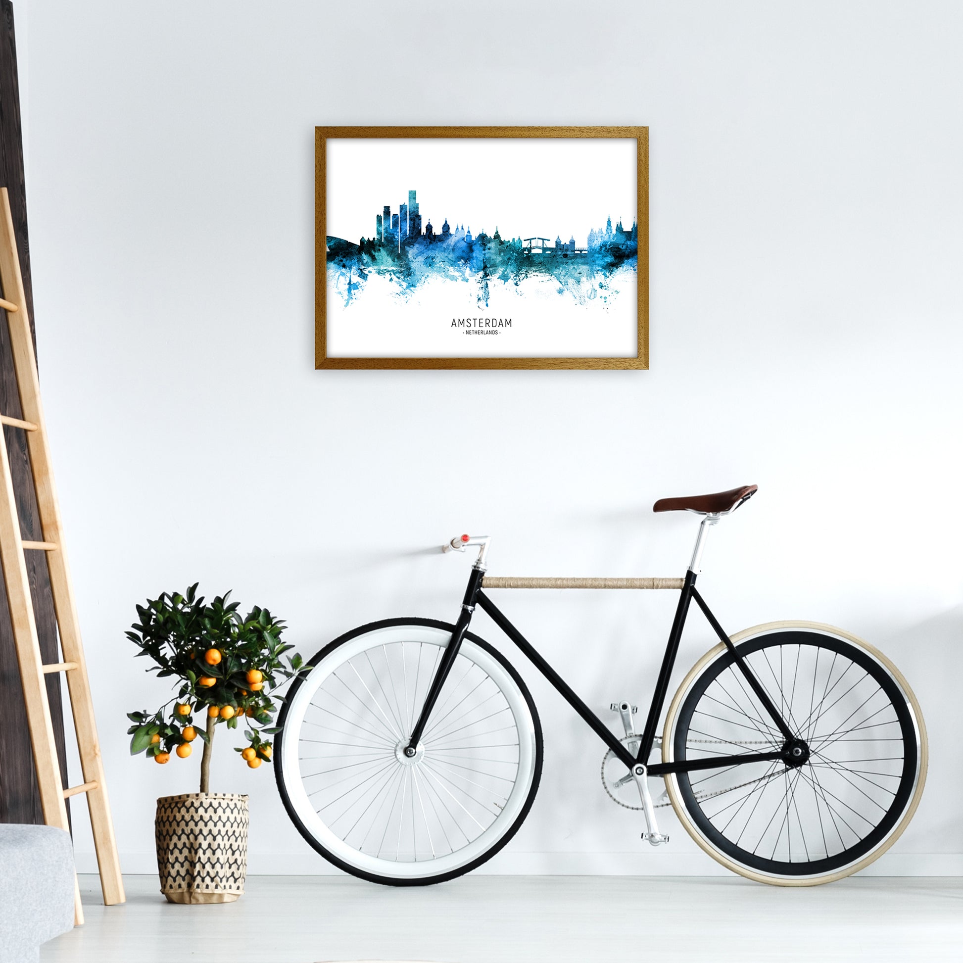 Amsterdam Netherlands Skyline Blue City Name  by Michael Tompsett A2 Print Only