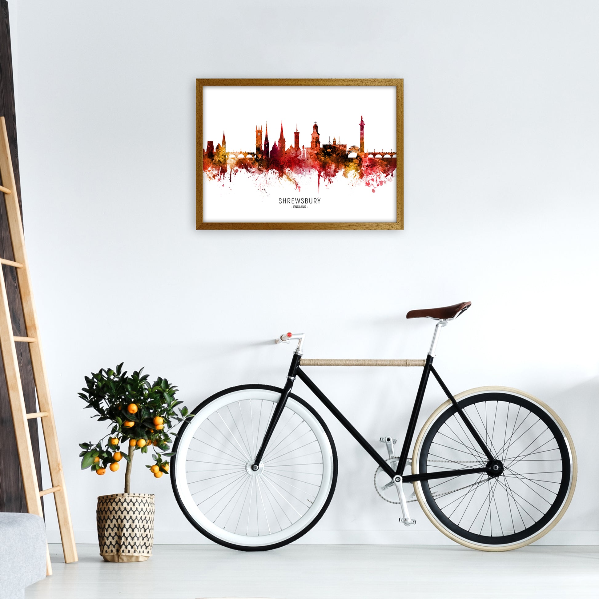 Shrewsbury England Skyline Red City Name  by Michael Tompsett A2 Print Only