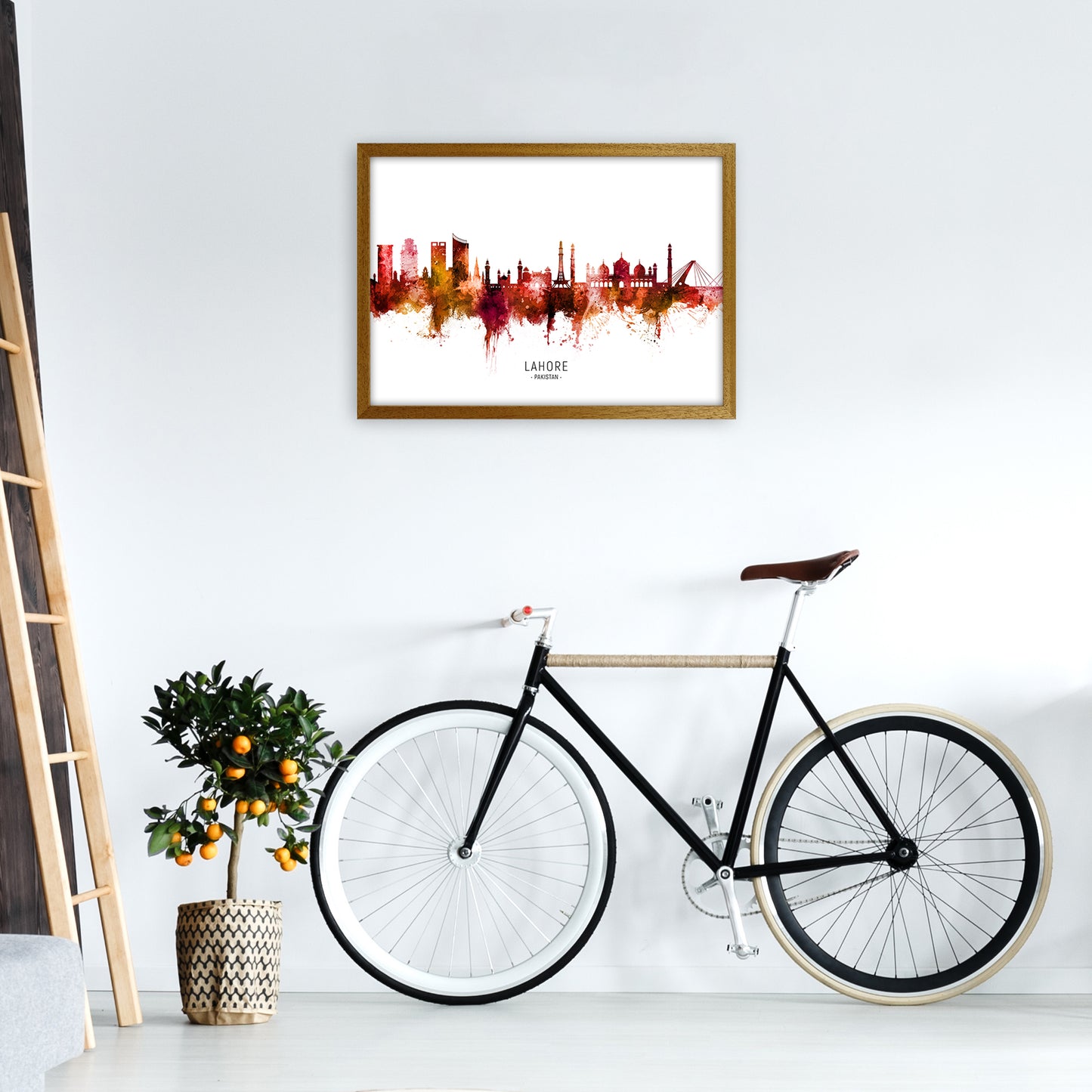 Lahore Pakistan Skyline Red City Name  by Michael Tompsett A2 Print Only