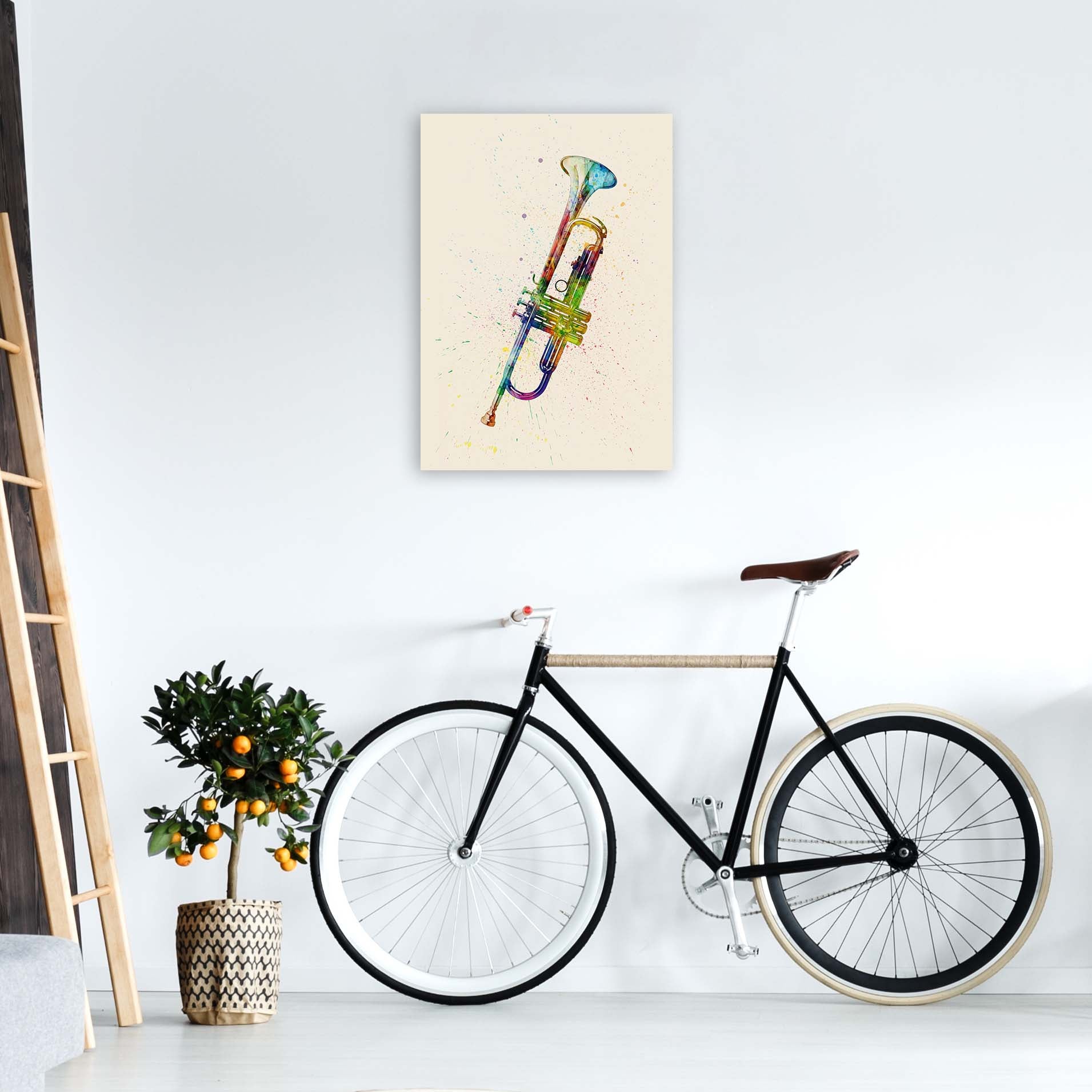 Trumpet Watercolour Multi-Colour Print by Michael Tompsett A2 Black Frame