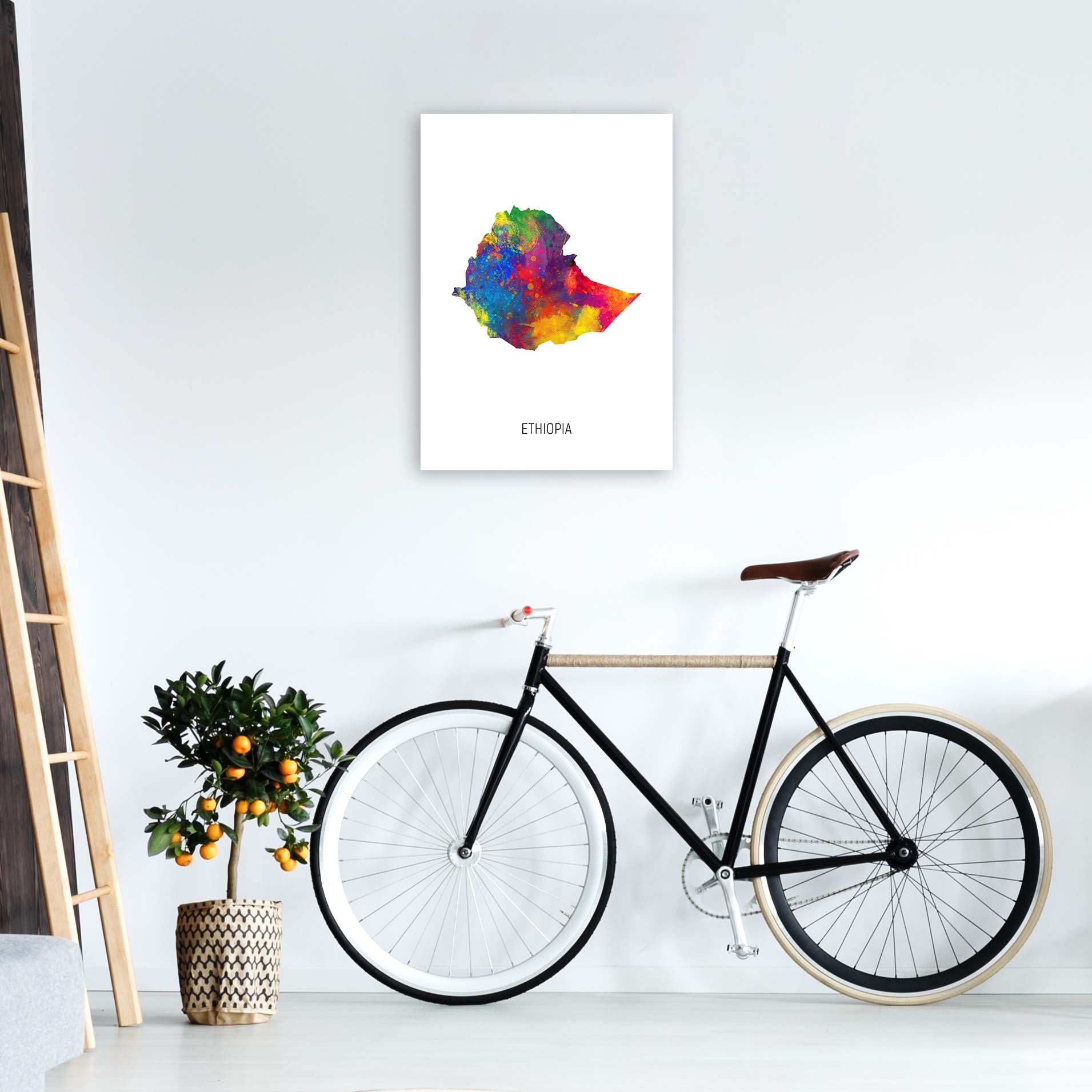 Ethiopia Watercolour Map Art Print by Michael Tompsett A2 Black Frame