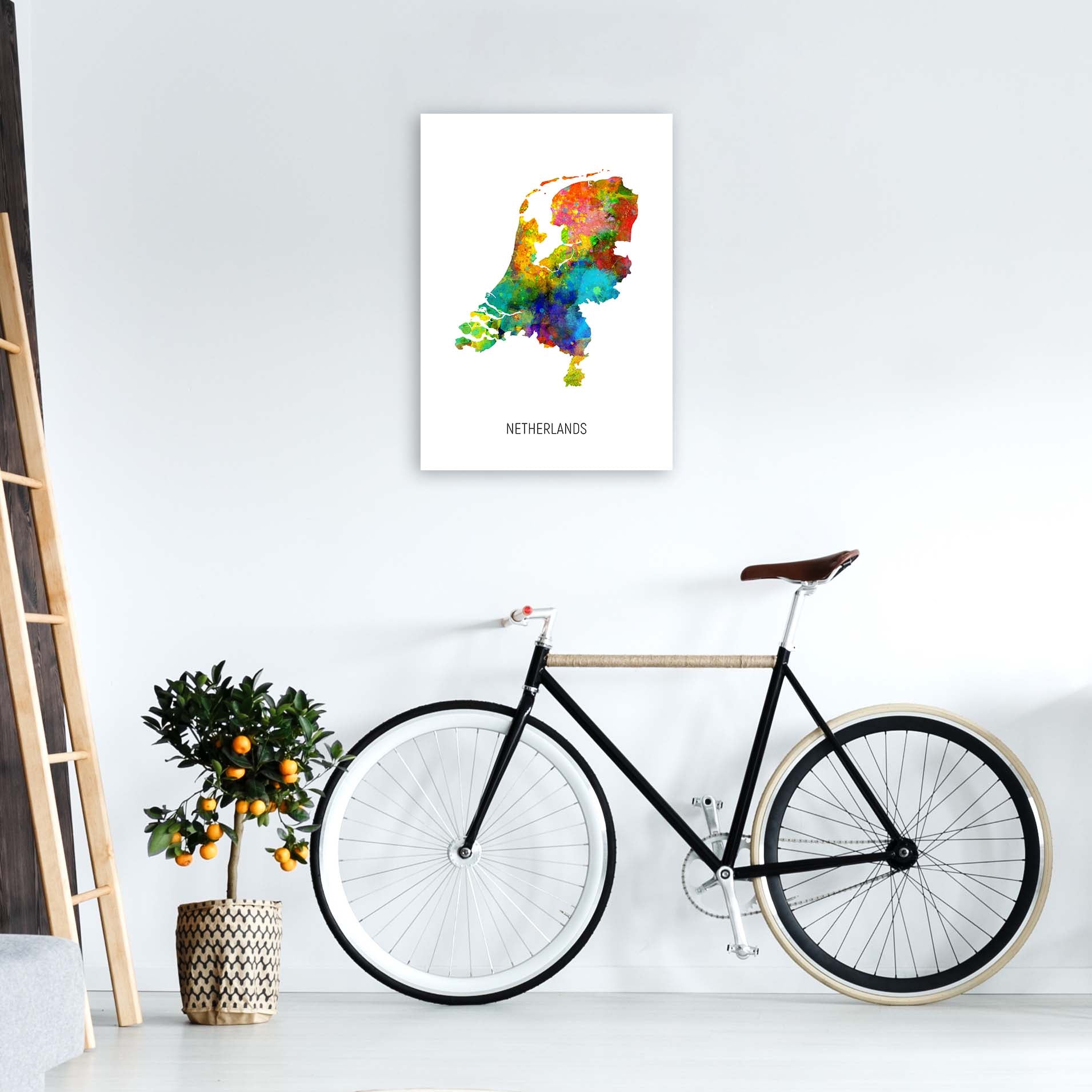 Netherlands Watercolour Map Art Print by Michael Tompsett A2 Black Frame