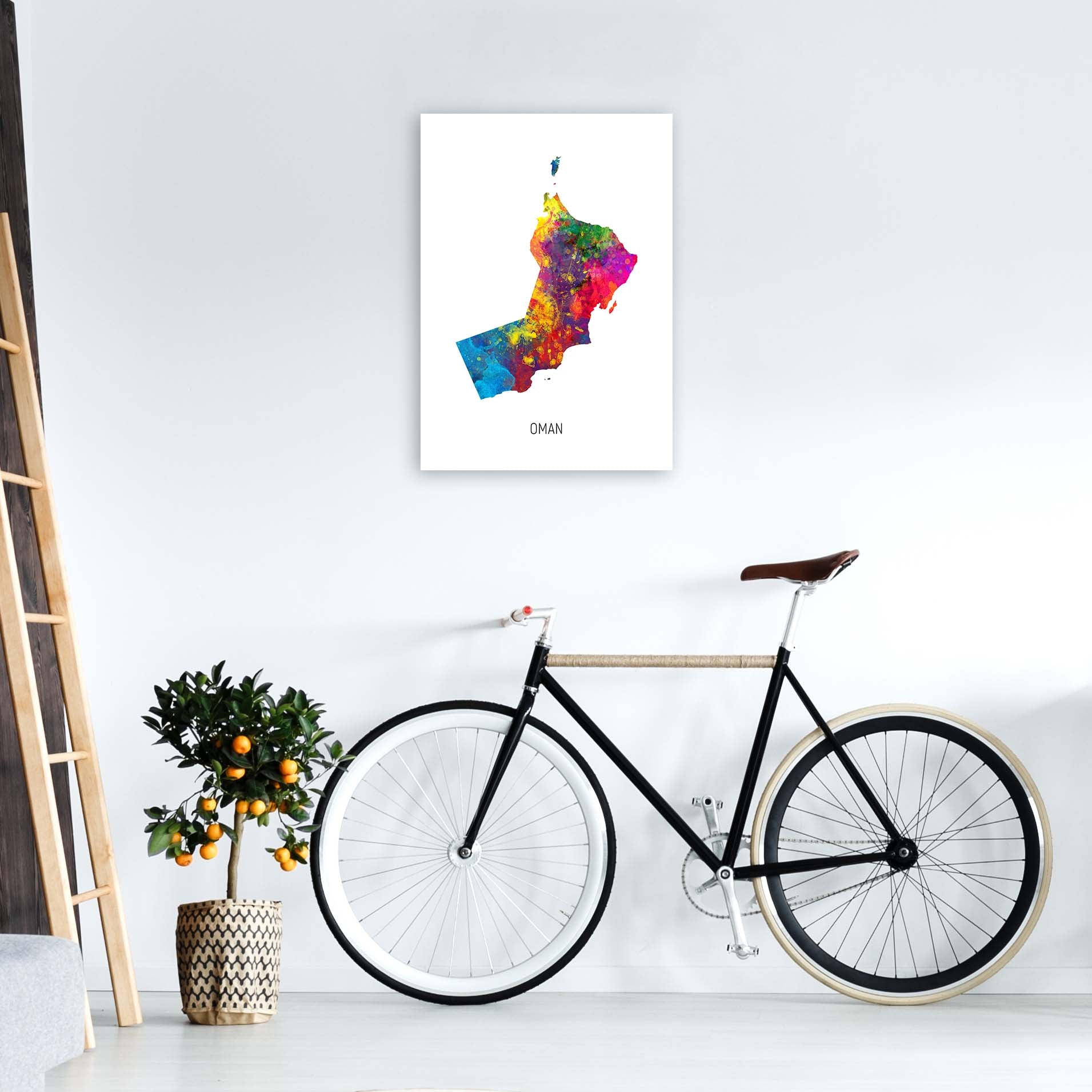 Oman Watercolour Map Art Print by Michael Tompsett A2 Black Frame